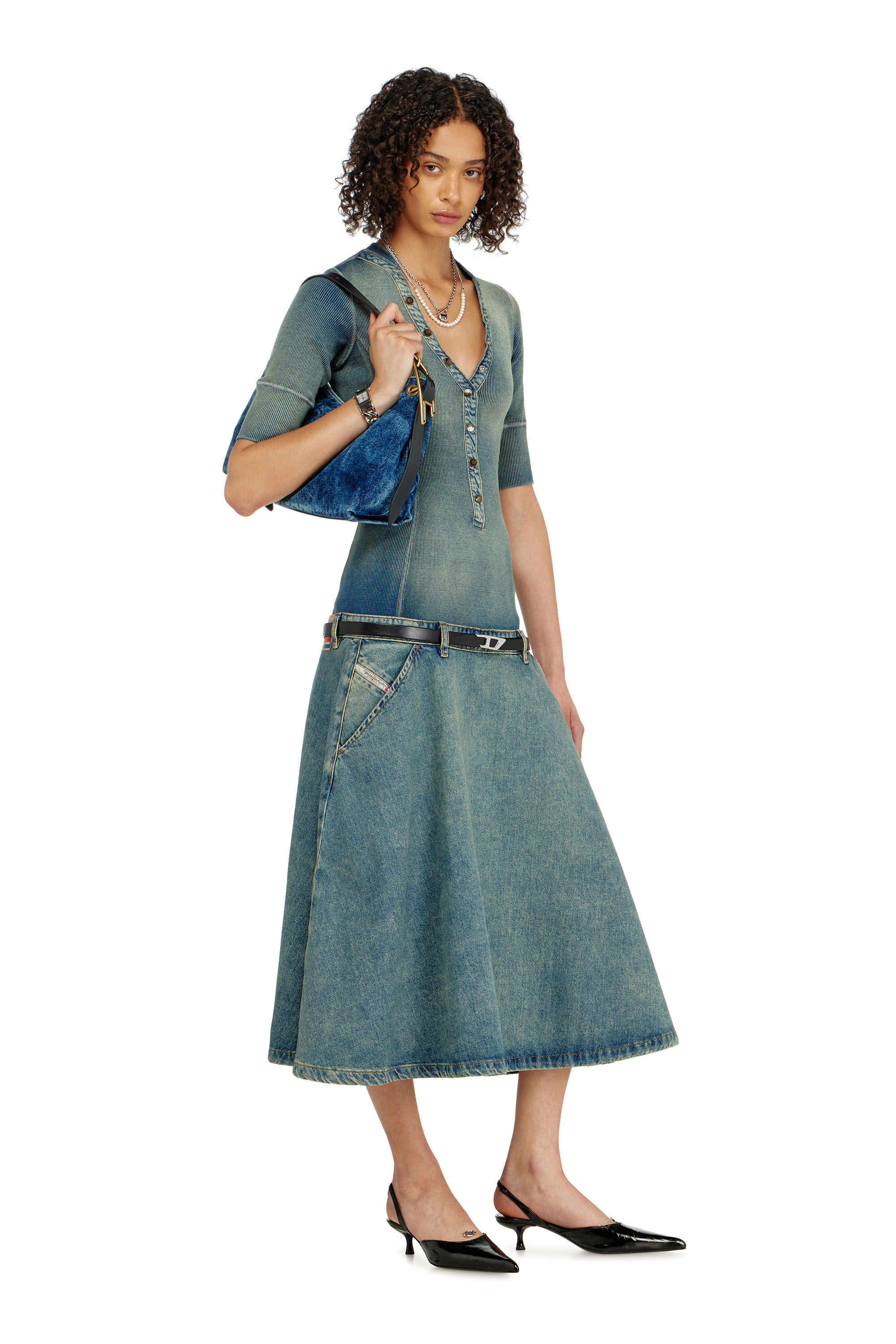 Diesel - DE-ANIM-S, Damen Midikleid mit tiefer Taille aus Strick und Denim in null - 1