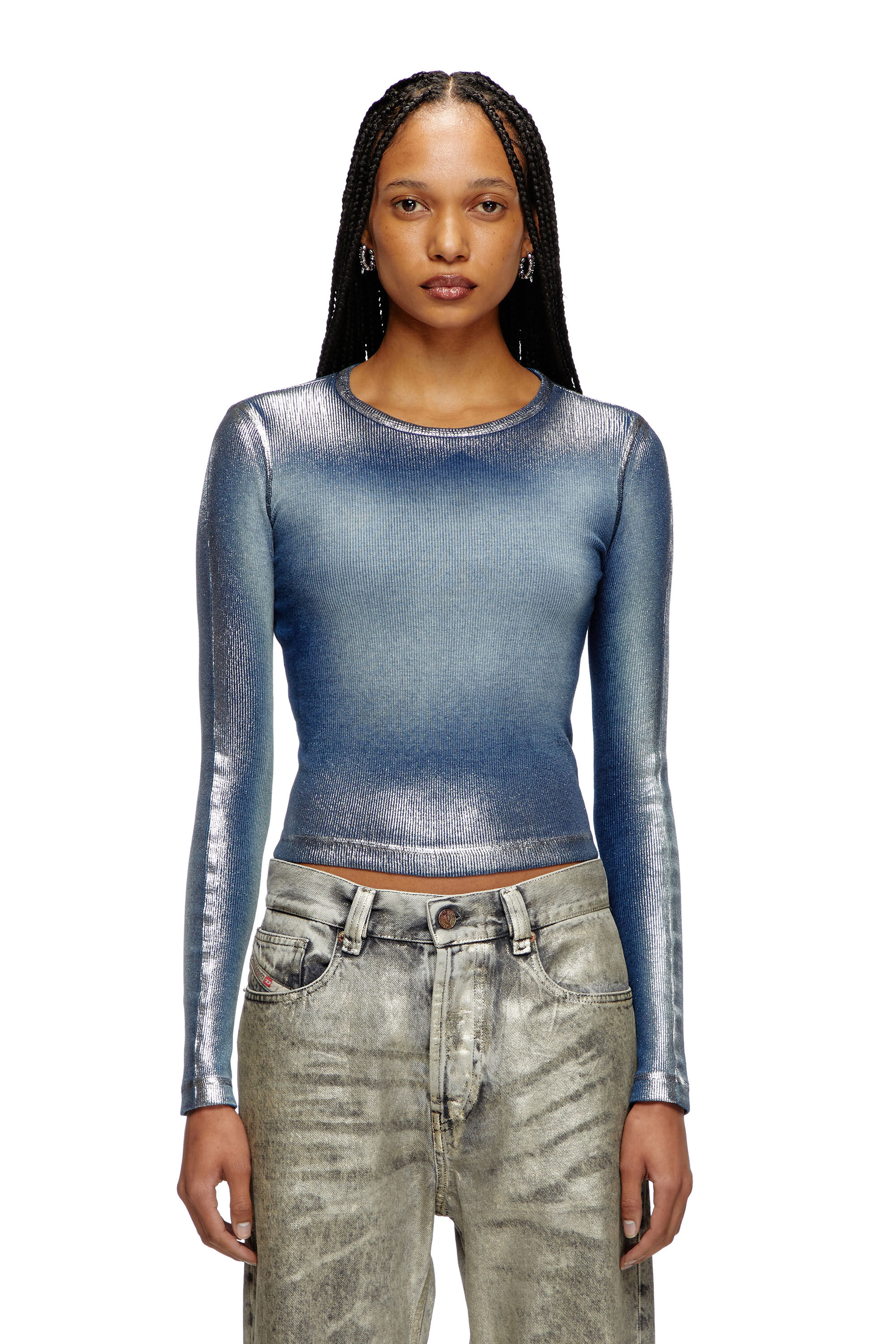 Diesel - T-BANES-NC-Q1, Damen Verblasstes Langarm-Metallic-T-Shirt in Blau - 3