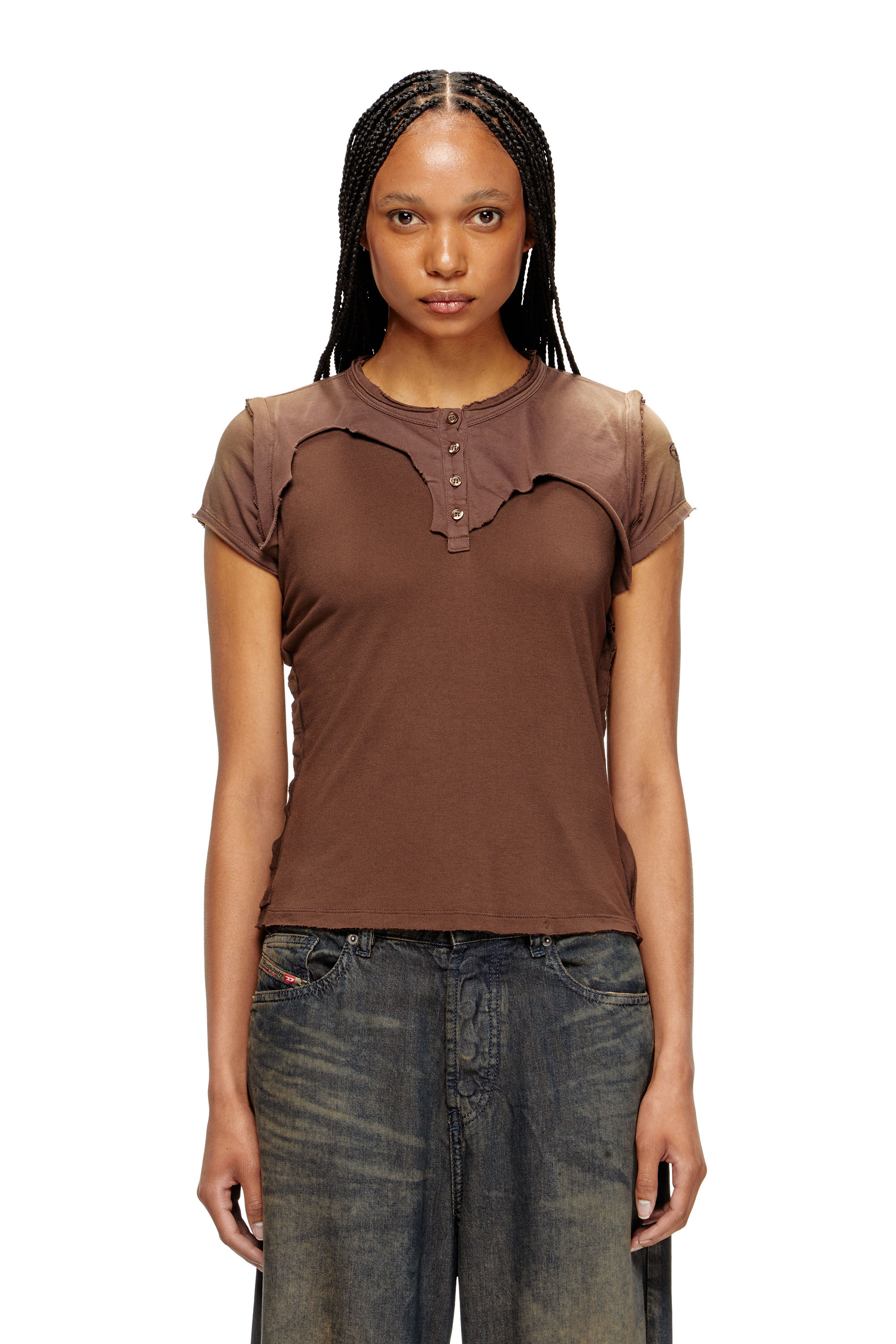 Diesel - T-UNRAWY, Damen Henley-T-Shirt mit Peel-Off-Effekt in Braun - 3