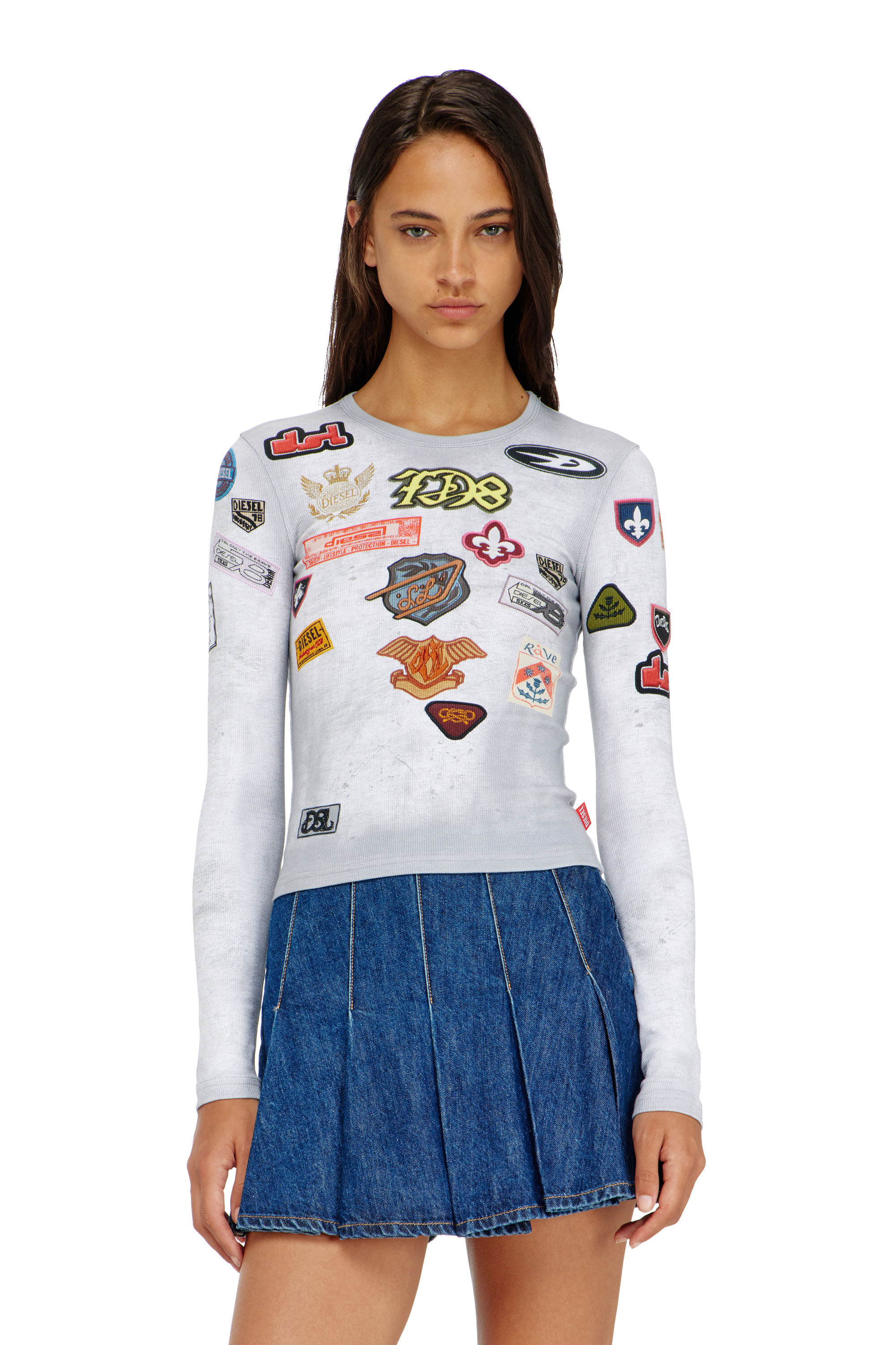 Diesel - T-ELE-LONGSLEEVE, Damen Top aus Rippjersey mit all-over Patch-Print in null - 3