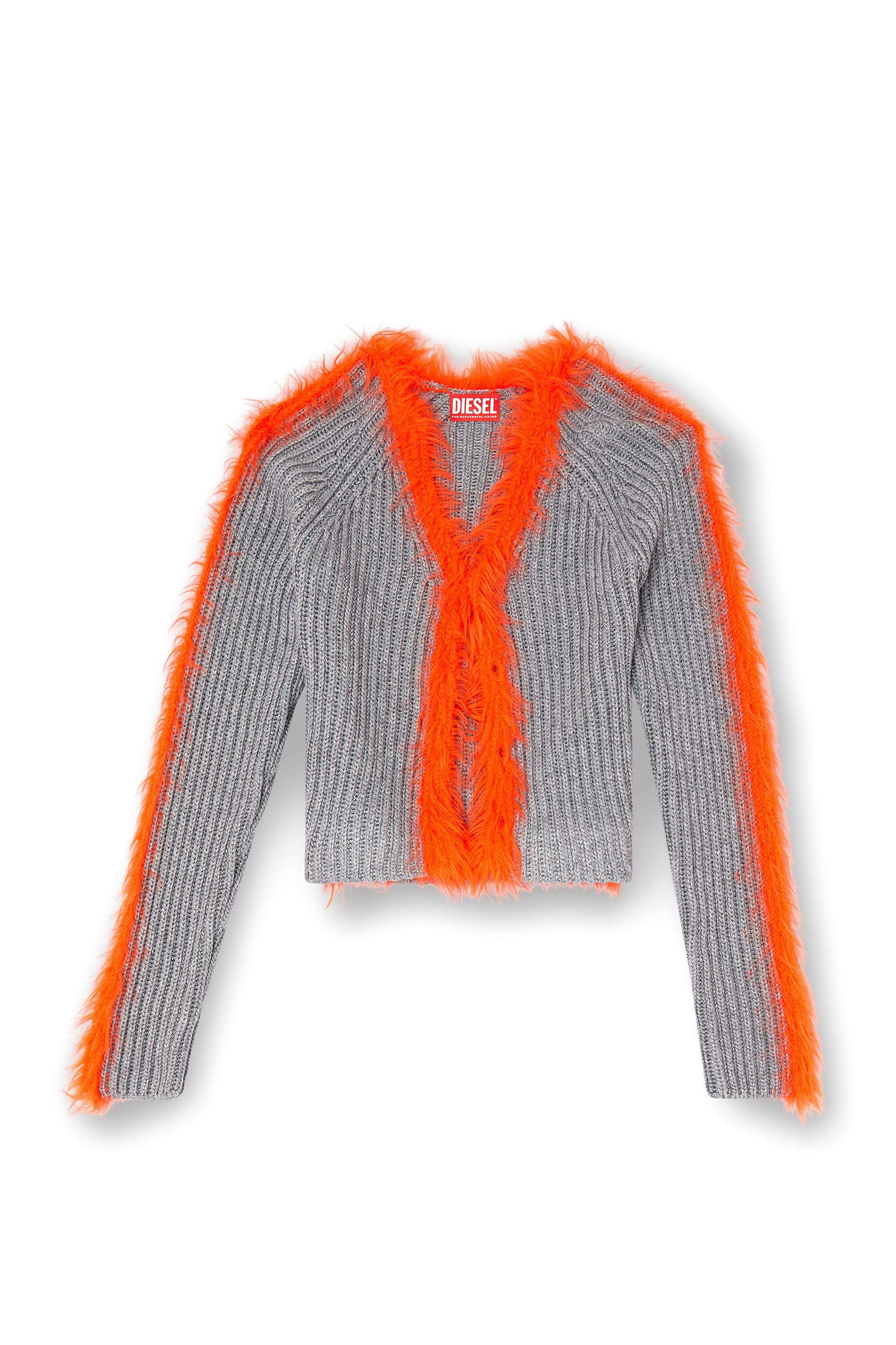 Diesel - M-TANITA, Damen Gerippter Cardigan mit flauschigen Besätzen in Grau/Orange - 2