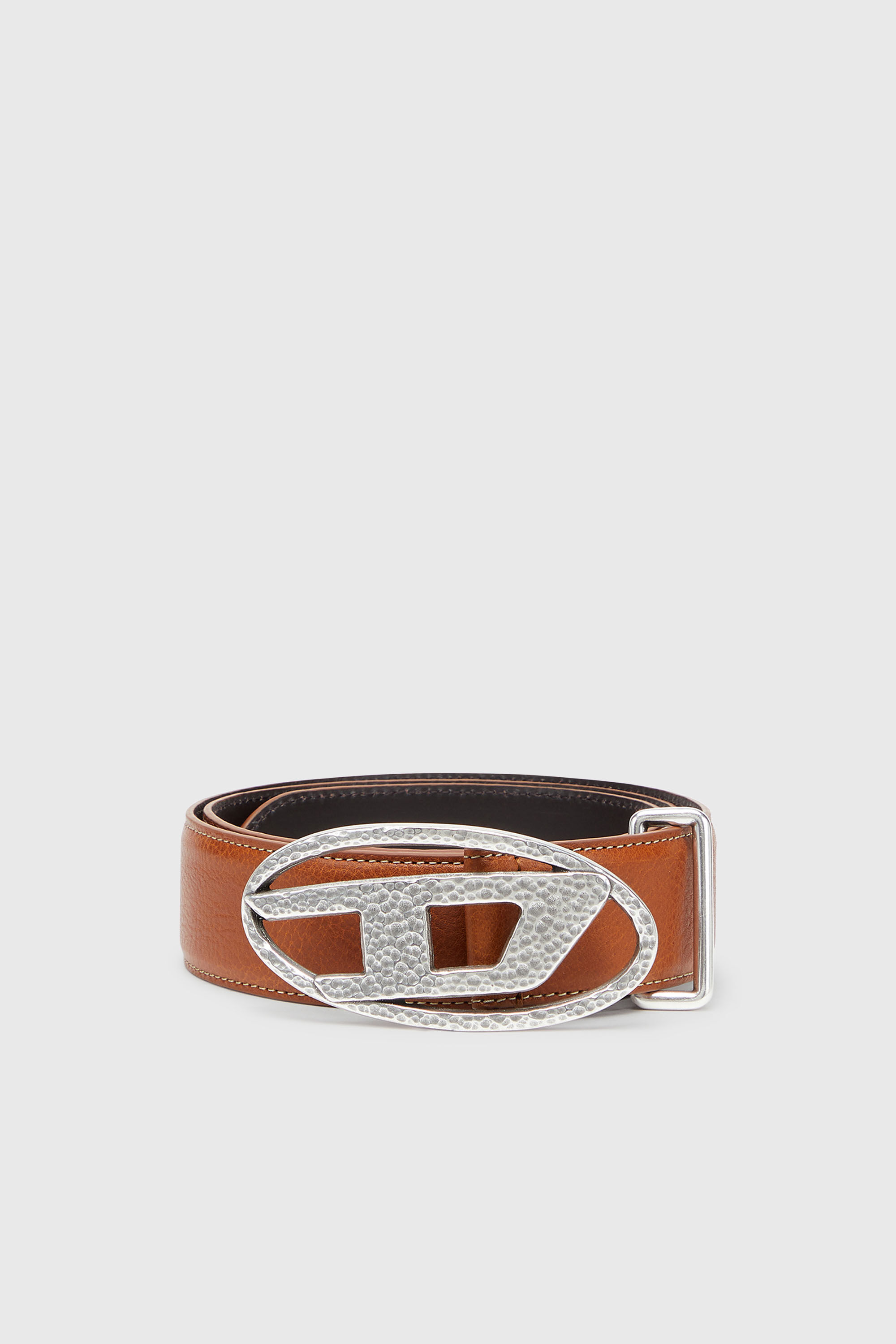 Diesel - B-1DR, Unisex 4 cm Lederg&uuml;rtel mit geh&auml;mmerter Oval D-Schlie&szlig;e in Braun - 1
