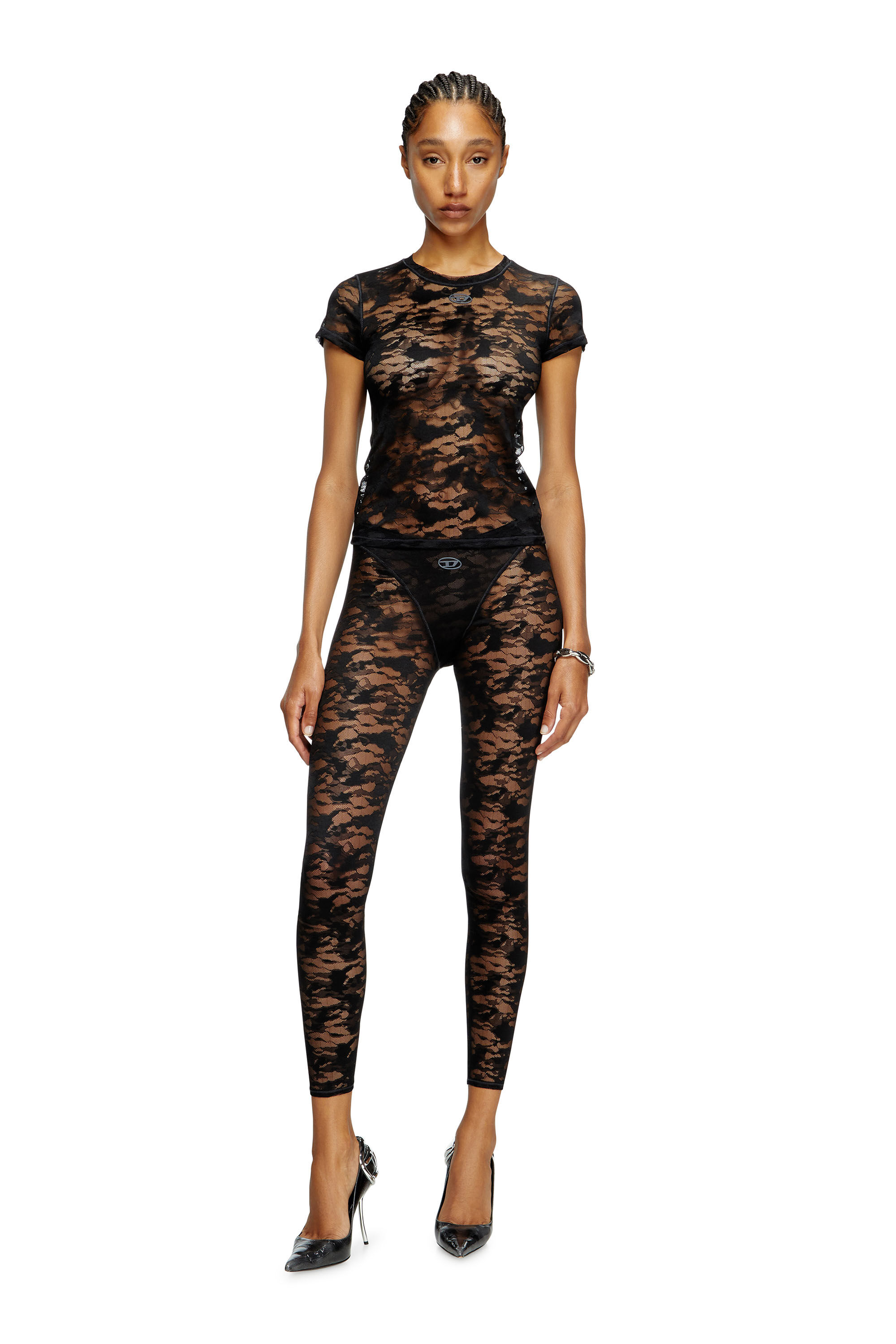 Diesel - KASIA-UTLT, Damen T-Shirt mit Camouflage-Spitze in Schwarz - 1