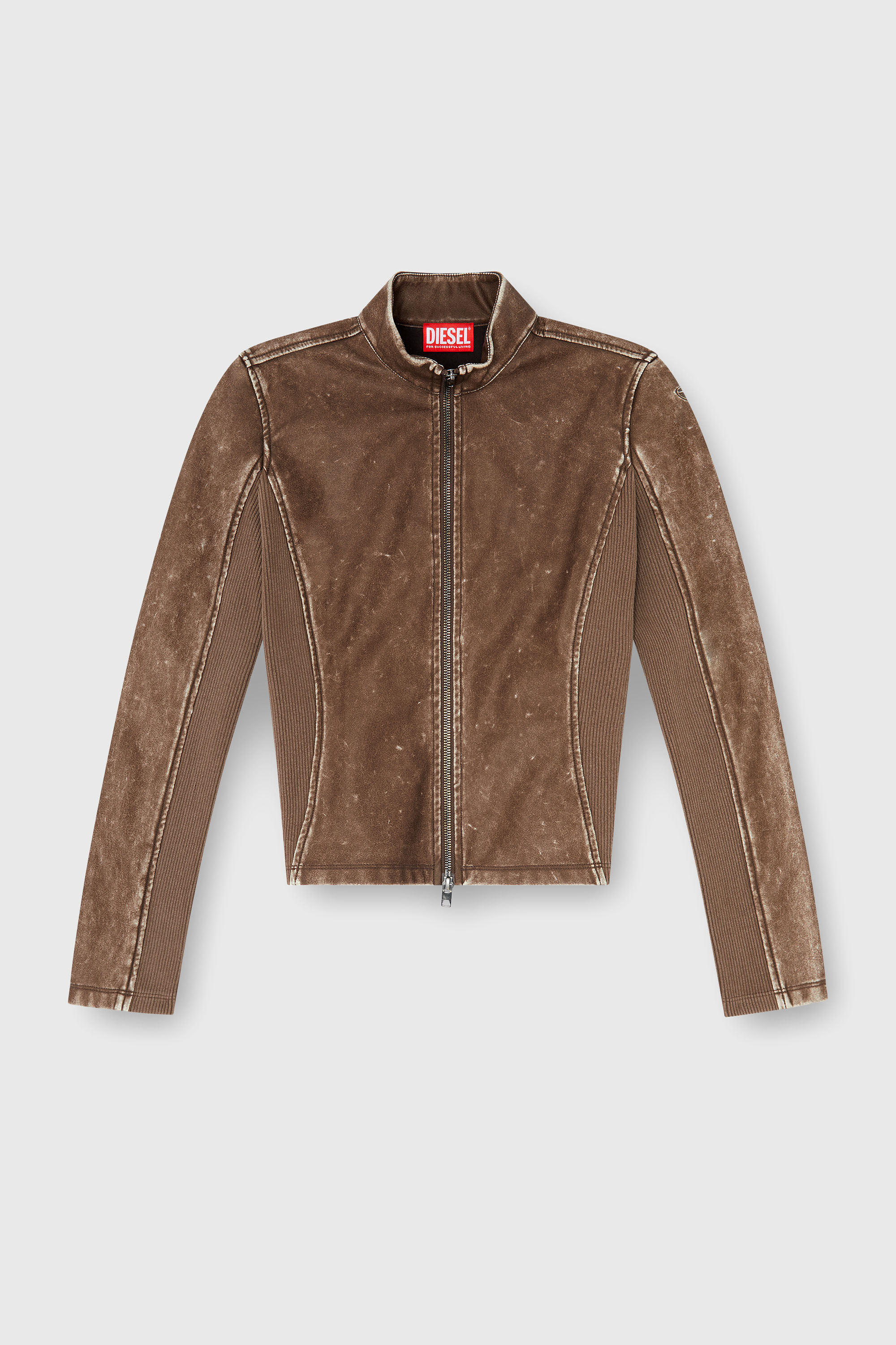 Diesel - T-HUNDER, Damen Bikerjacke mit Rippstrickeins&auml;tzen in Braun - 2