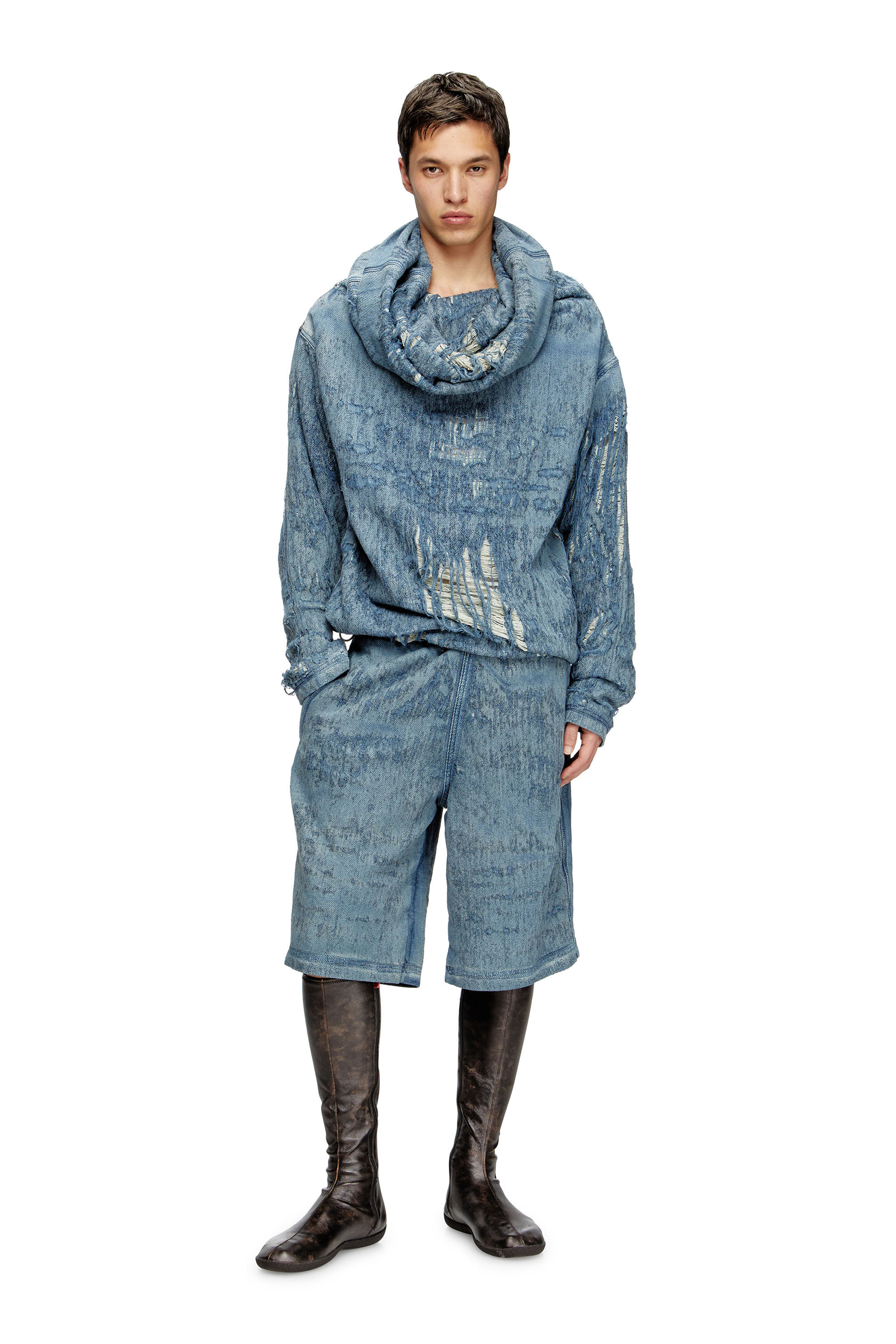 Diesel - D-UMBRIX-FSG, Herren Pullover aus ultra-zerstörtem Jacquard-Denim in Mittelblau - 1