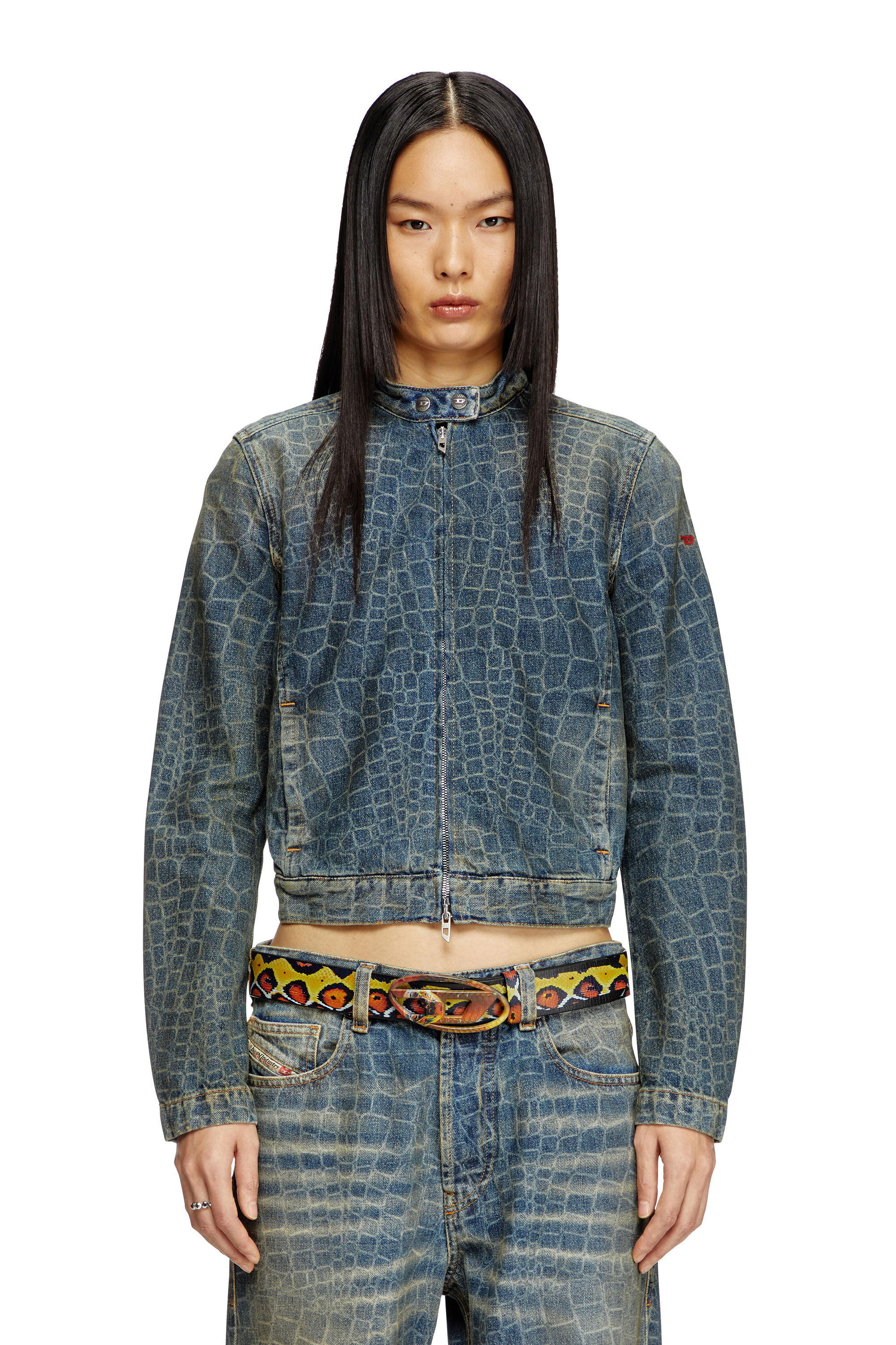 Diesel - CL-DE-MORNIN-SNAKE, Woman's Moto jacket in snake-print denim in Dark Blue - 3