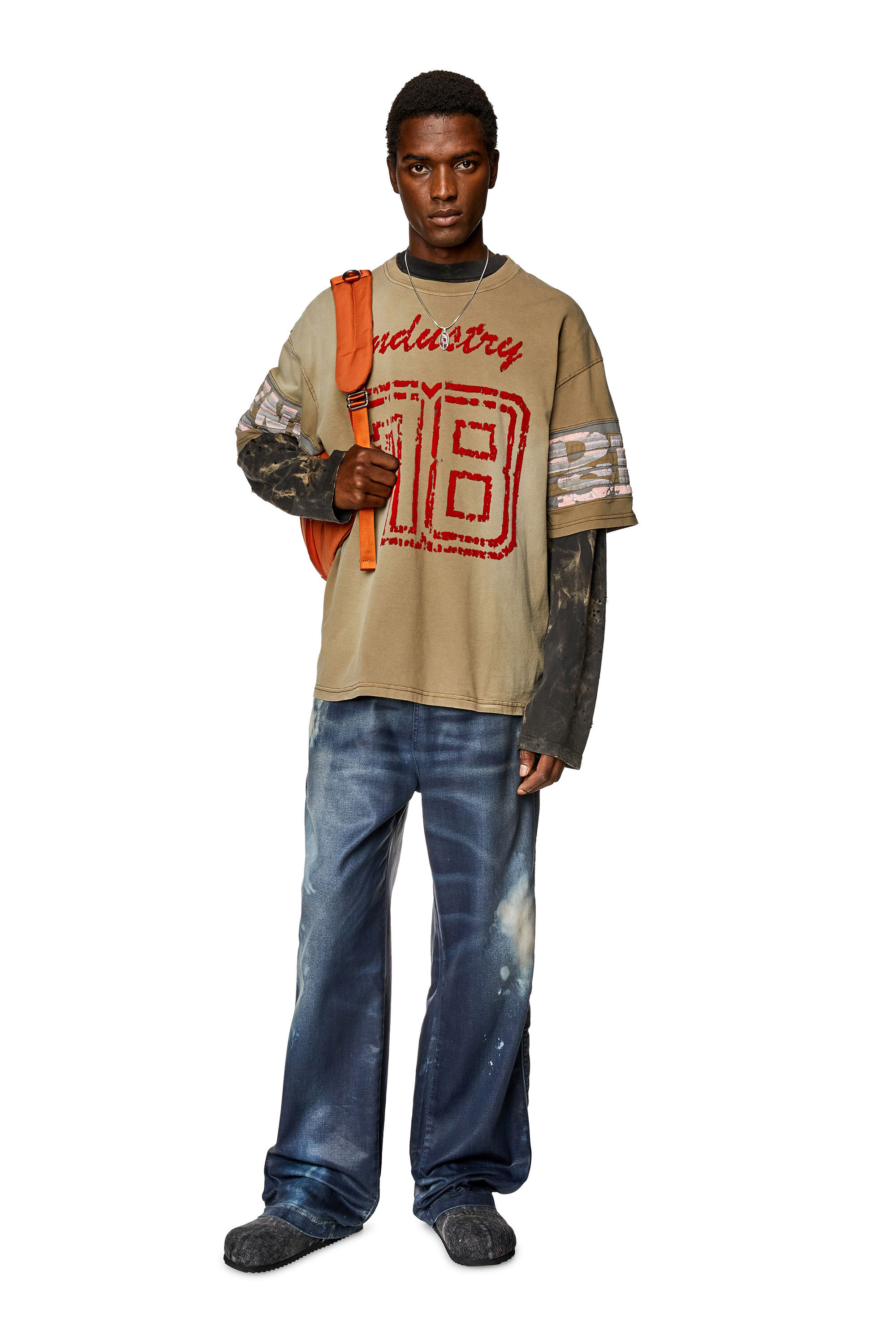Diesel - T-BOST, Herren Ausgewaschenes T-Shirt mit aufgeflockten Prints in Hellbraun - 1