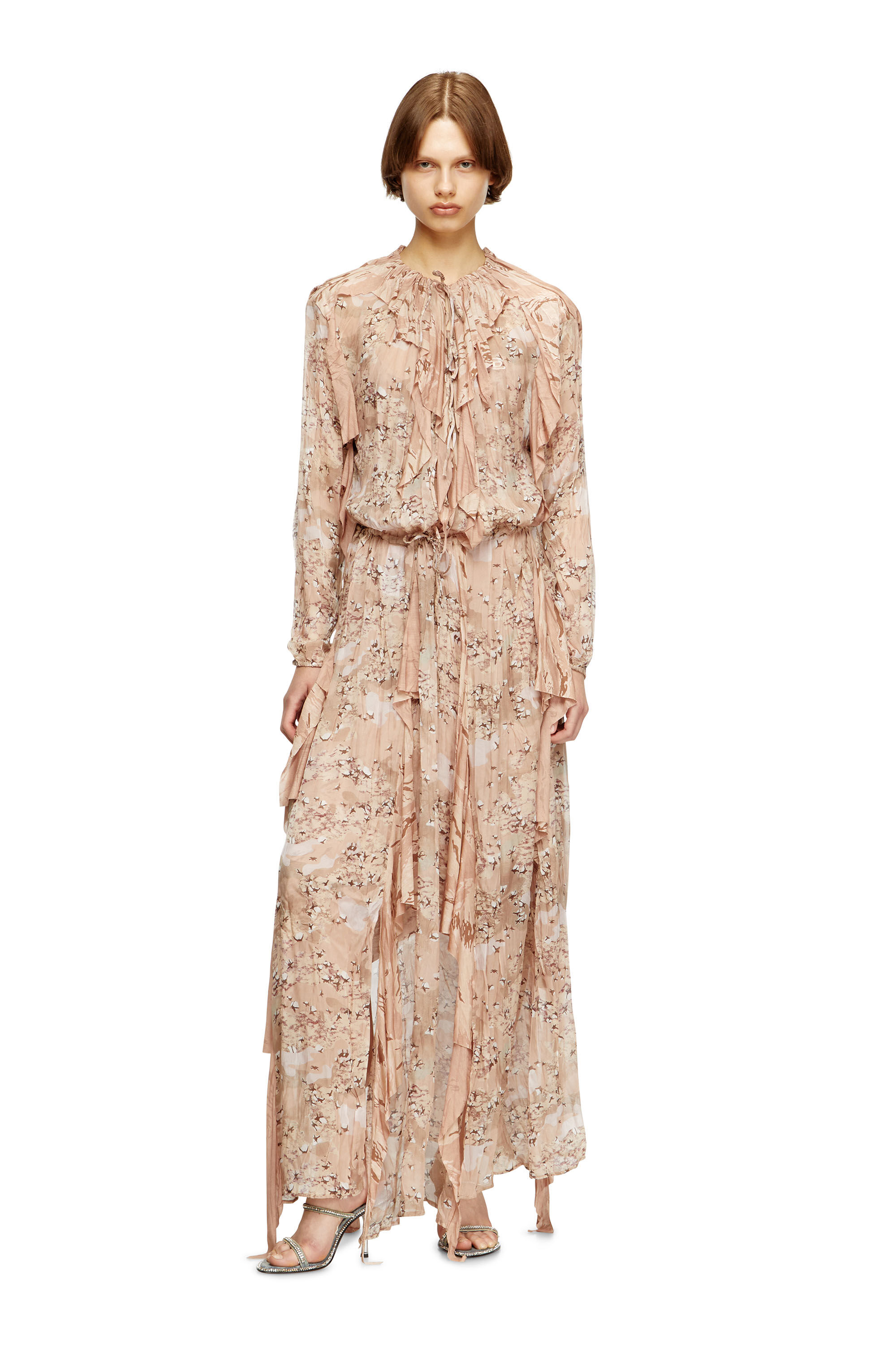 Diesel - D-AZZLING-R1, Damen Rüschen-Maxikleid aus Camo-Chiffon in Gesichtspuder - 3