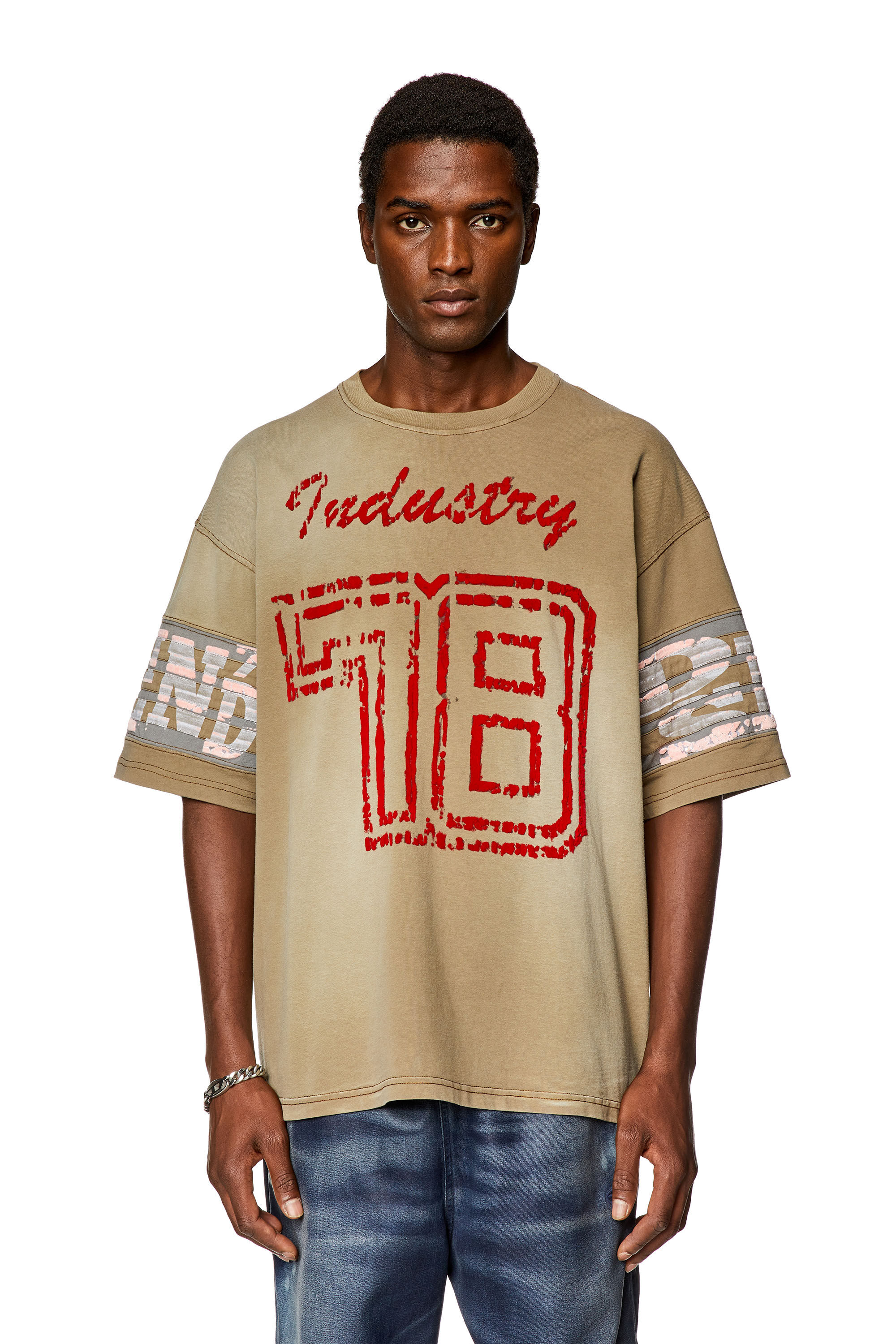 Diesel - T-BOST, Herren Ausgewaschenes T-Shirt mit aufgeflockten Prints in Hellbraun - 3