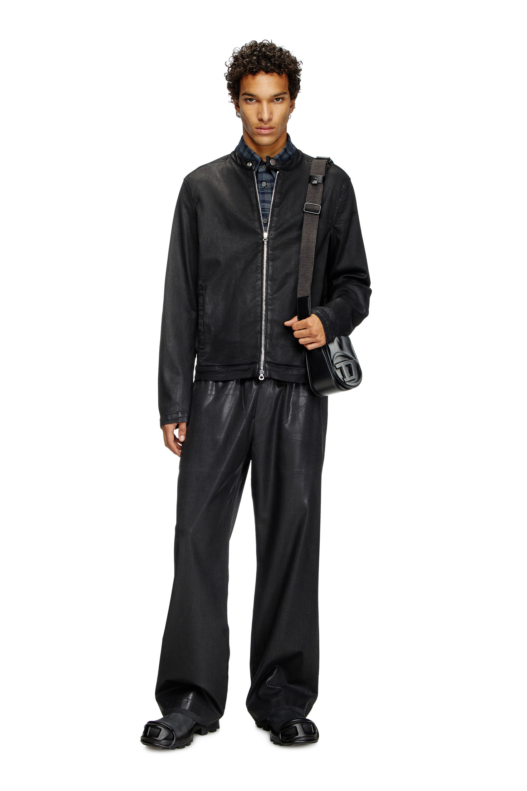 Diesel - D-GLORY JOGG, Herren Motorradjacke aus beschichtetem JoggJeans in Schwarz - 1