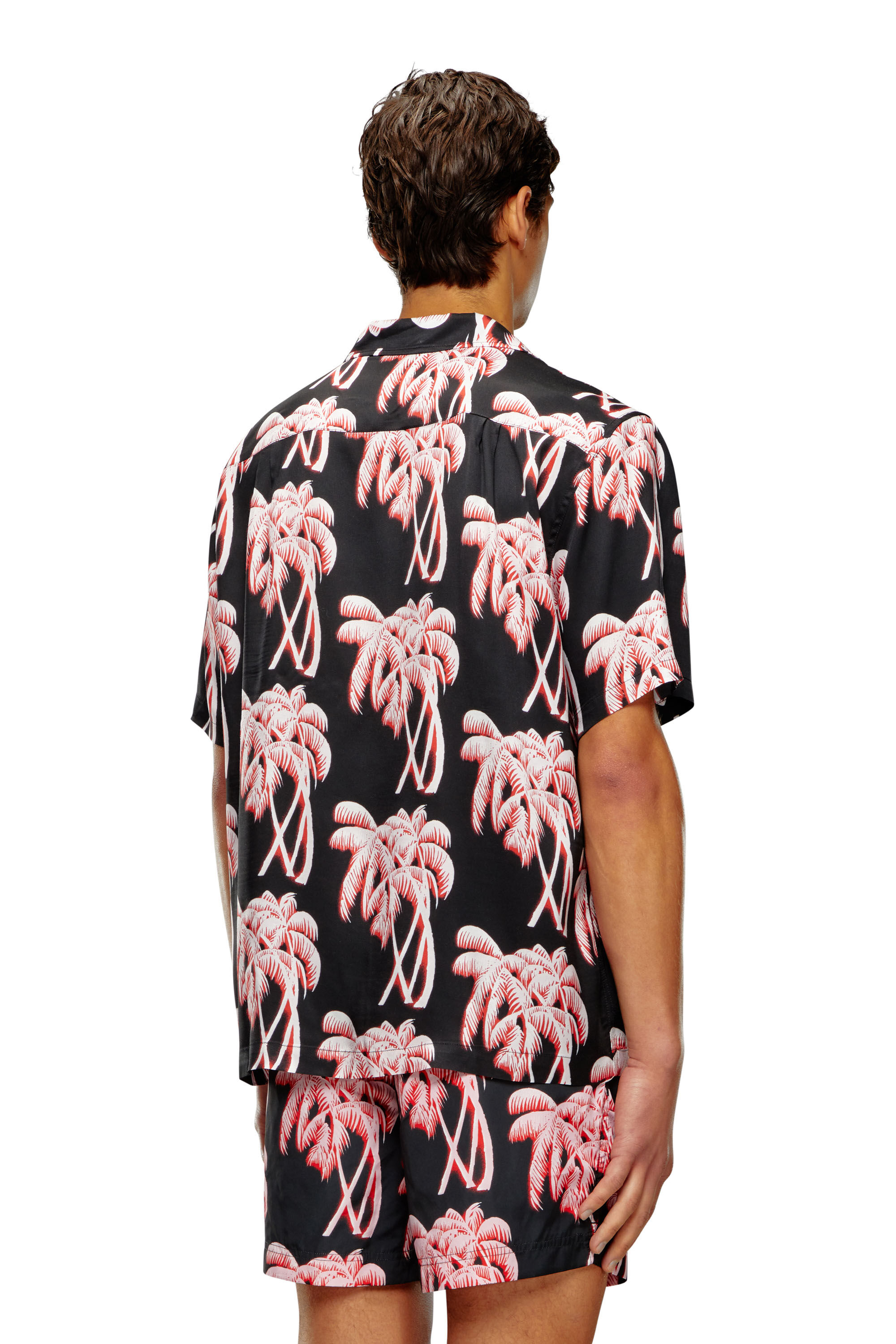 Diesel - BMOWT-ADRIAN, Herren Strandshirt mit Palmen-Print in Schwarz/Rosa - 3