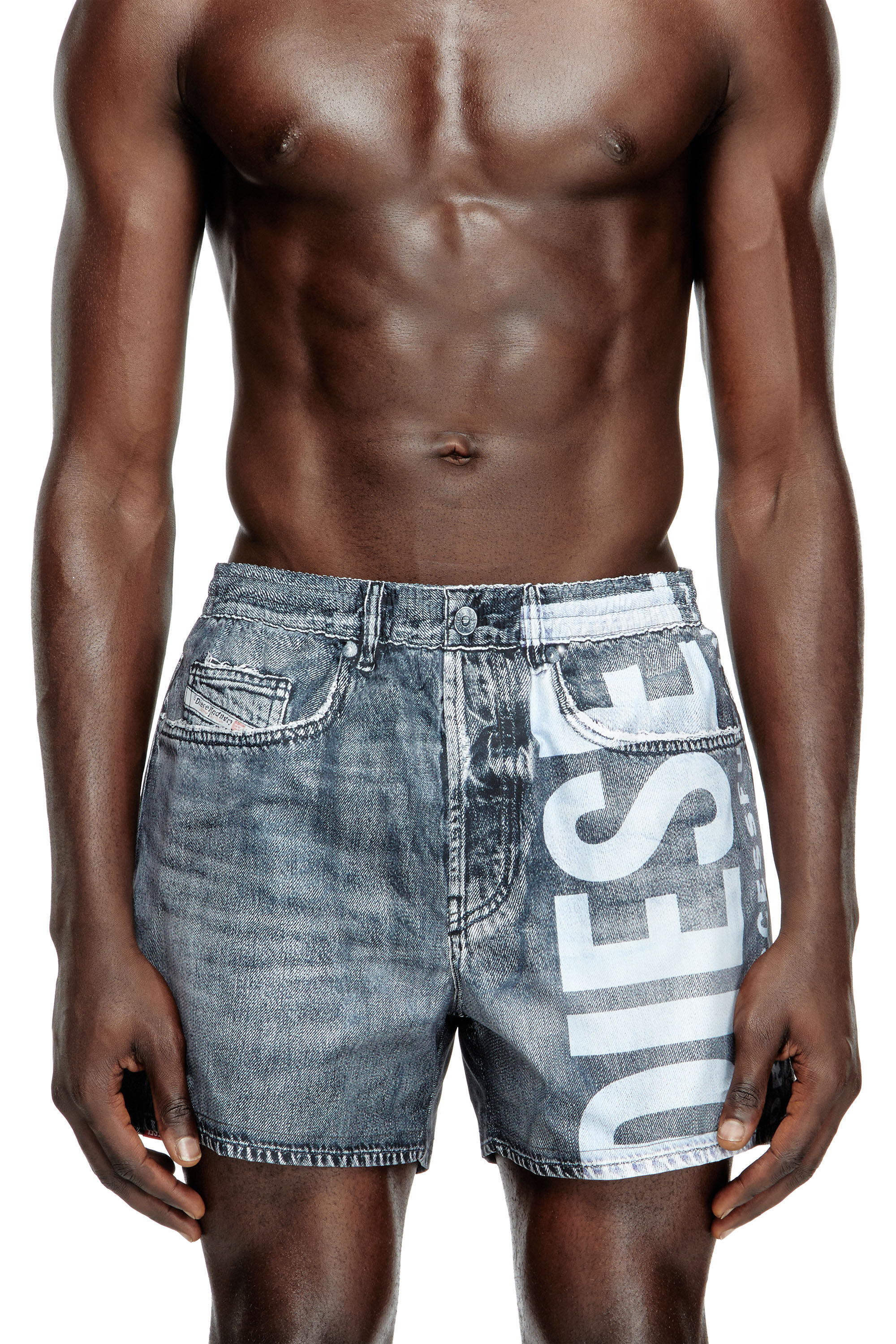 Diesel - KEN-37-DNM, Herren Mittellange Trompe l'œil-Badeshorts aus Denim in Grau - 1