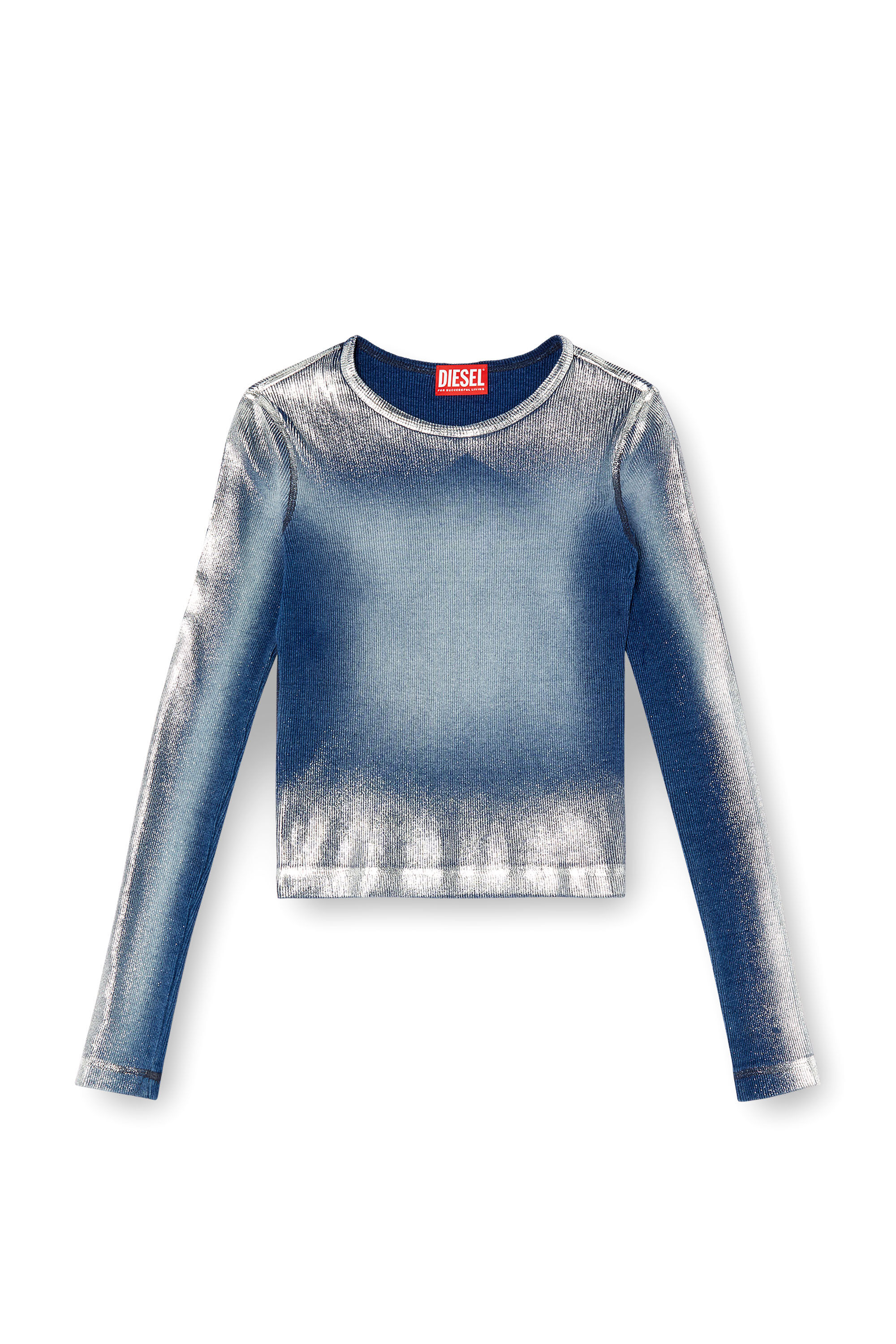 Diesel - T-BANES-NC-Q1, Damen Verblasstes Langarm-Metallic-T-Shirt in Blau - 2