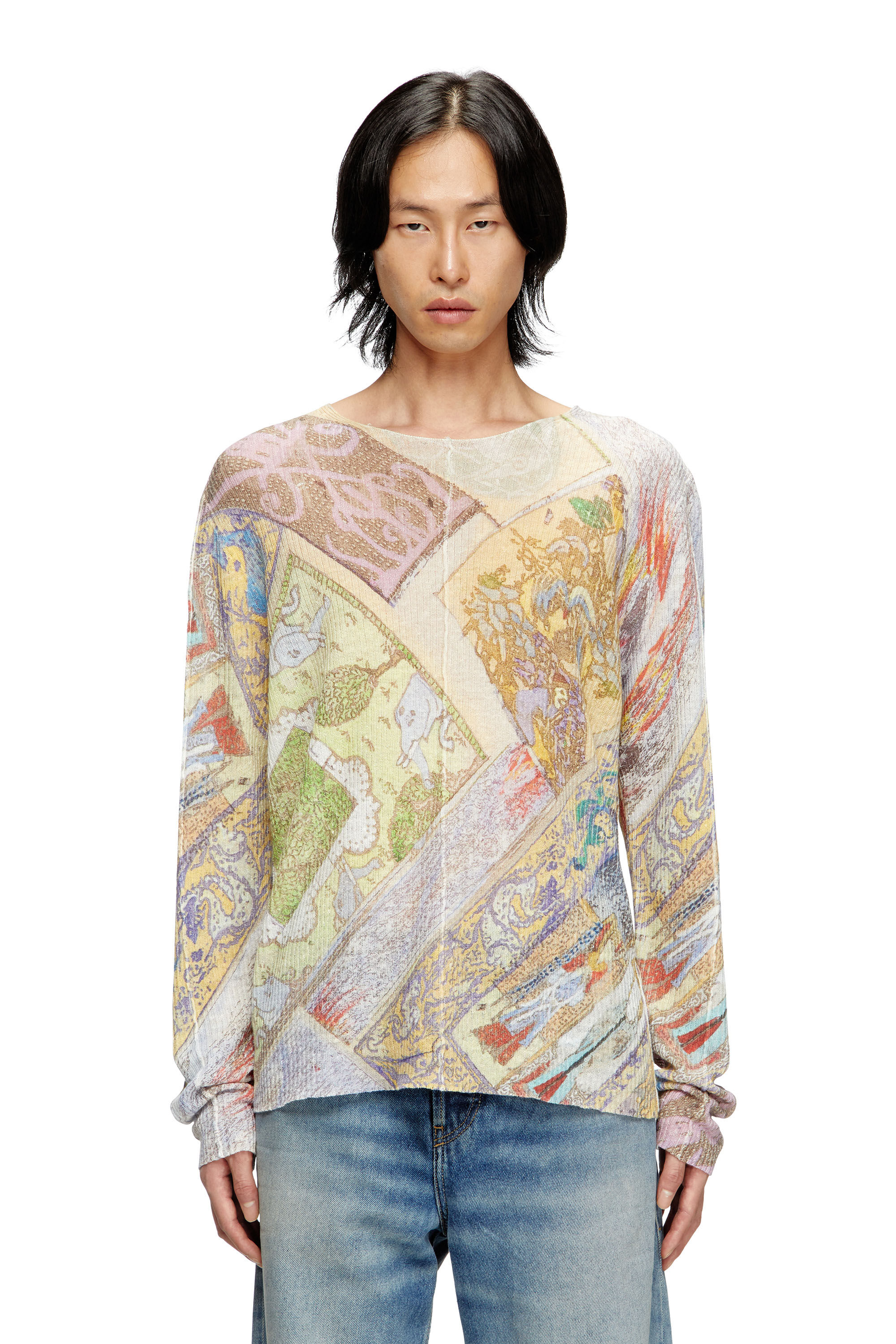 Diesel - K-RENTON, Herren Pullover aus Leinen mit mittelalterlichem Print in Beige/Gelb - 3