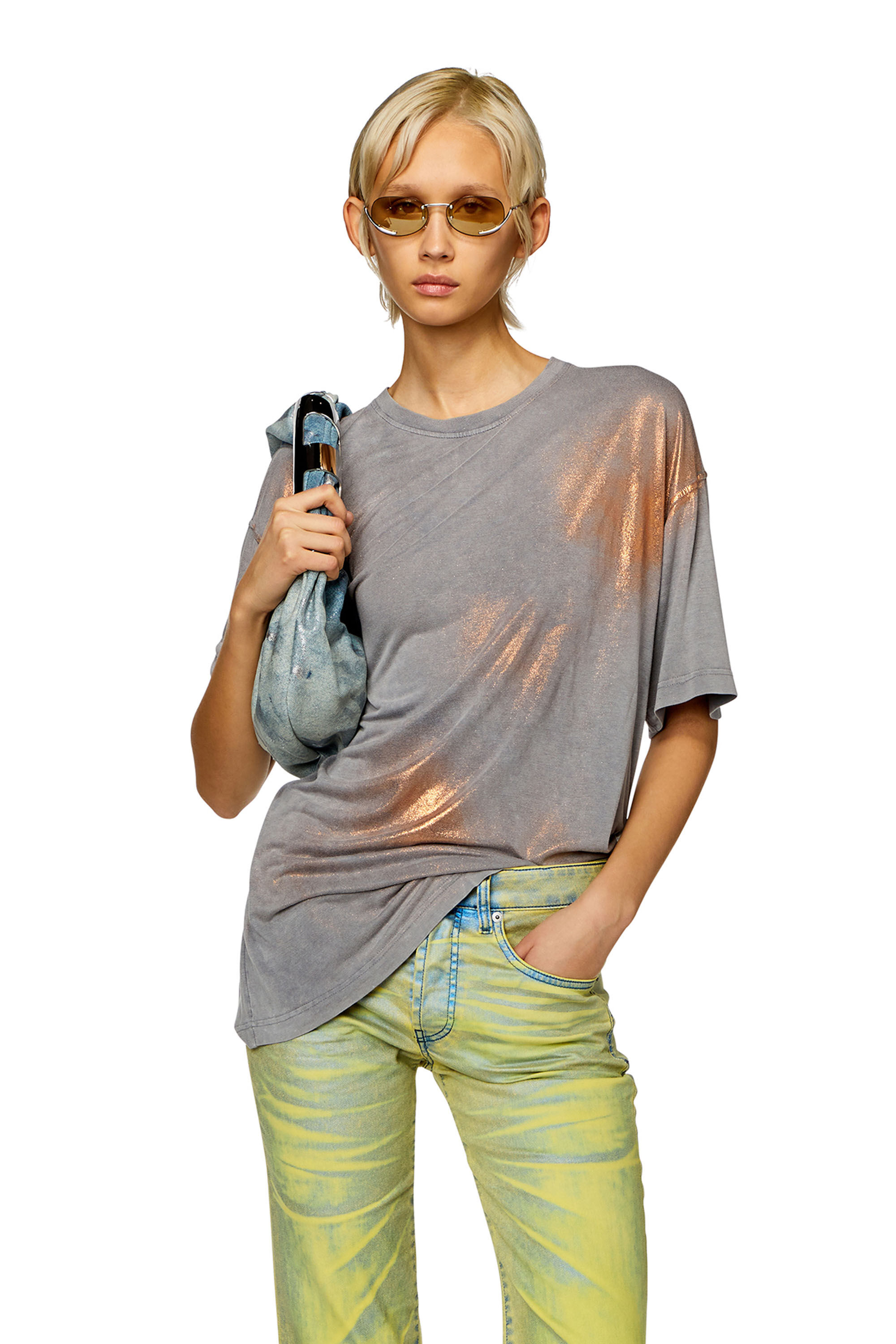 Diesel - T-BUXT, Damen Metallic-T-Shirt in ausgewaschener Optik in Grau/Rosa - 3