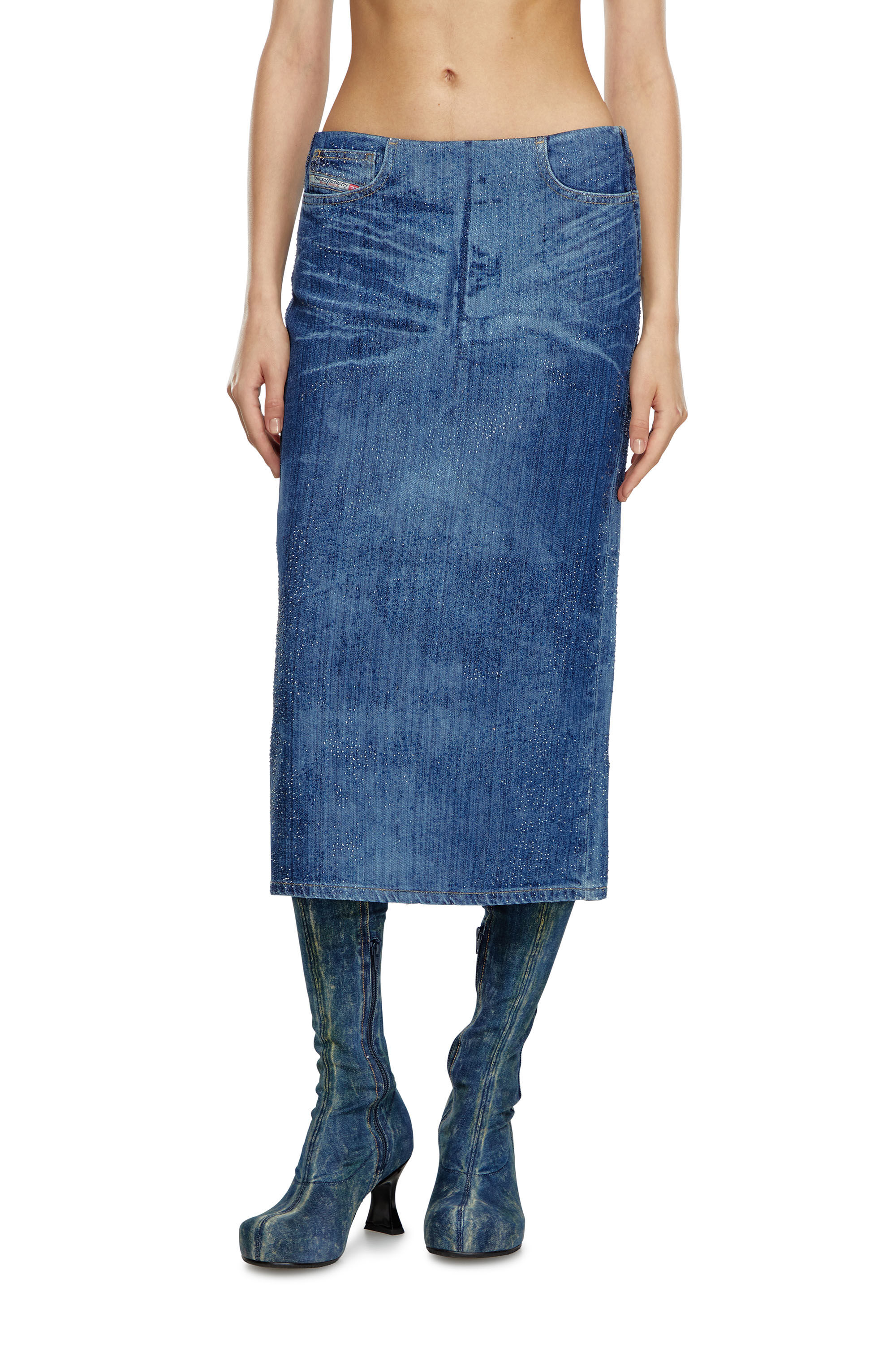 Diesel - DE-PRA-S3, Damen Bleistiftrock aus strassbesetztem Denim in Dunkelblau - 3
