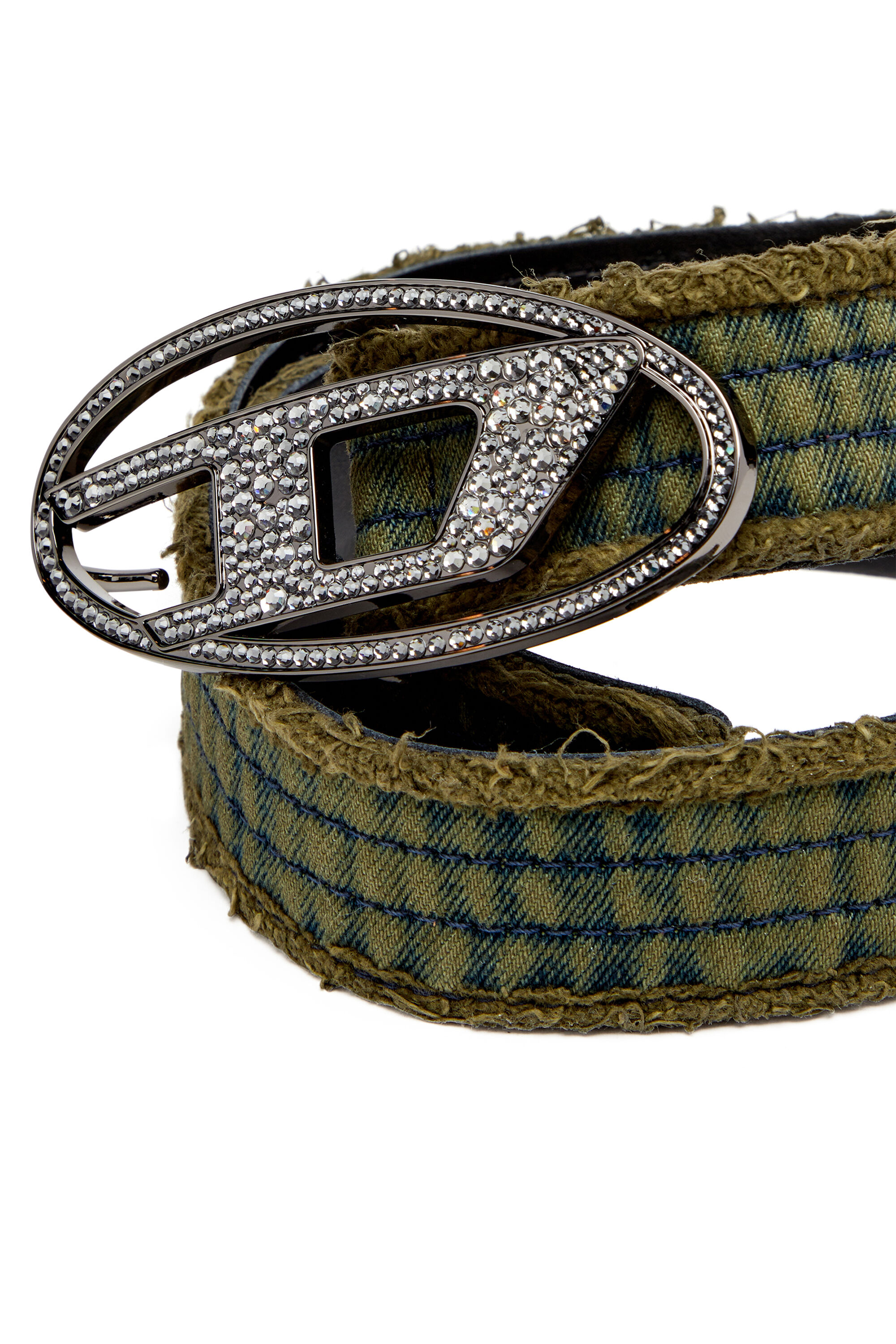 Diesel - B-1DR STRASS, Damen Gürtel aus Denim und Leder mit Kristallschnalle in Armeegrün - 3