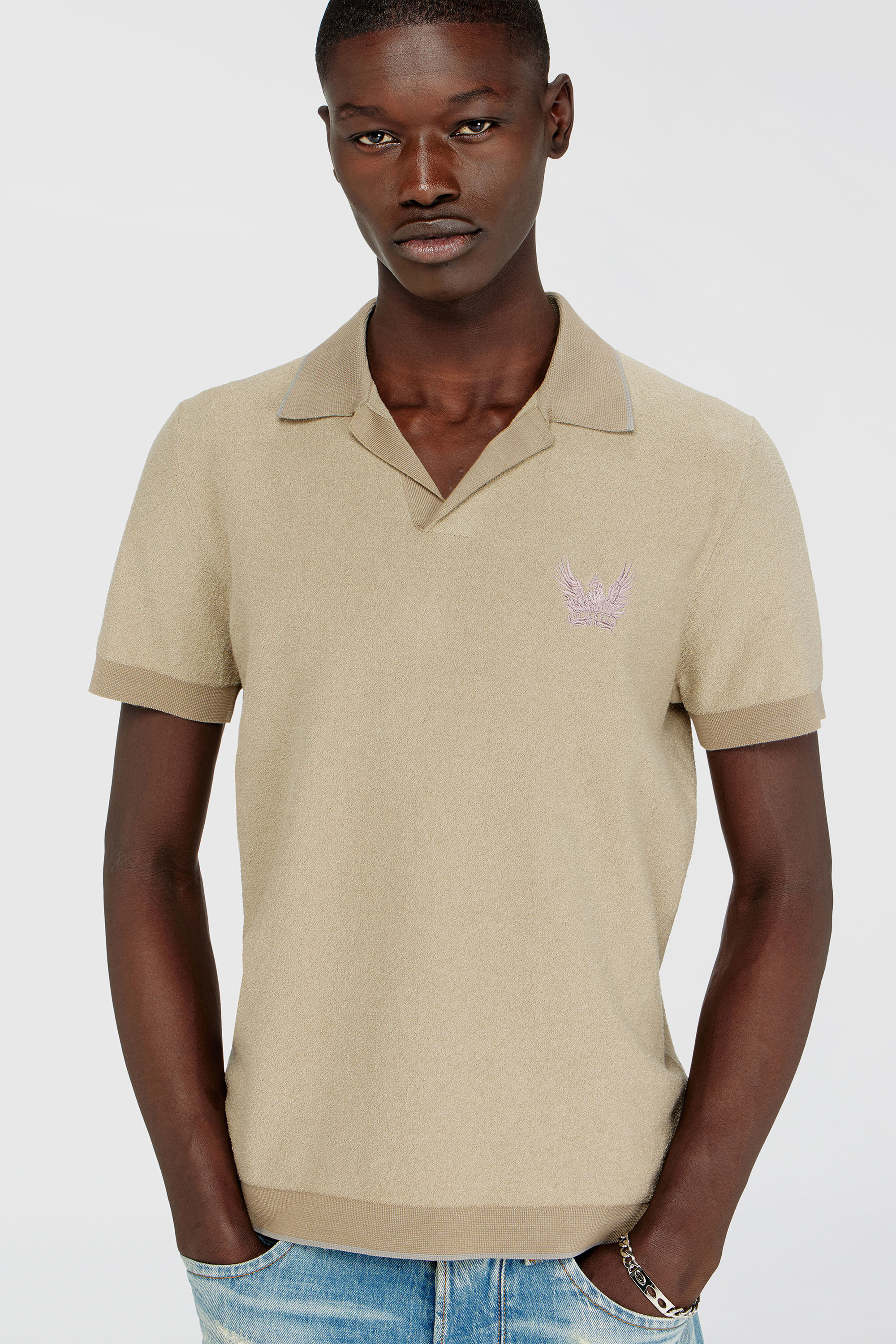 Diesel - K-RAILES, Herren Poloshirt aus Boucl&eacute;-Strick mit Phoenix-Logo in Beige - 5