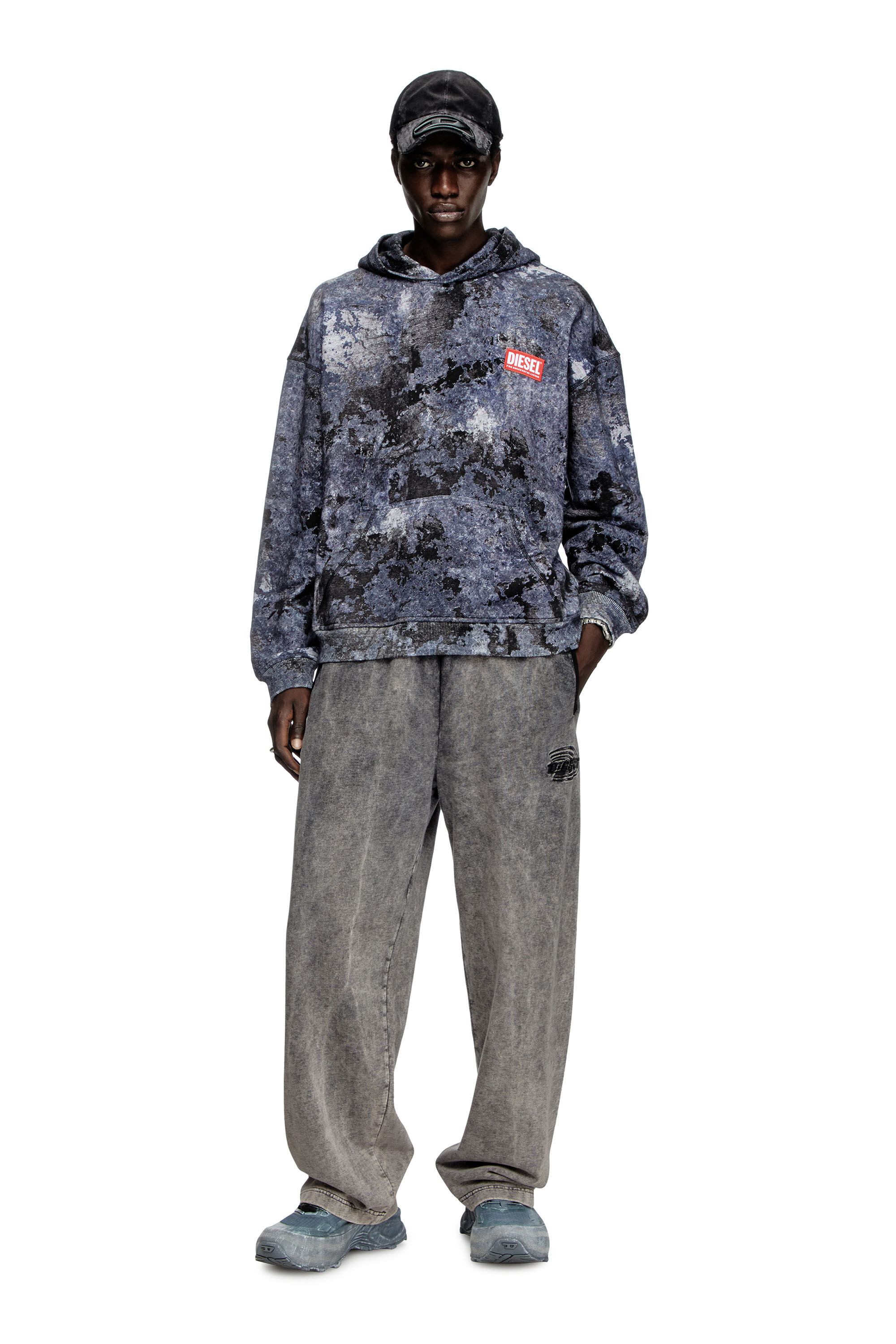 Diesel - S-BOXT-HOOD-R8, Herren Ausbrenner-Hoodie mit Marmor-Effekt in Blau - 1