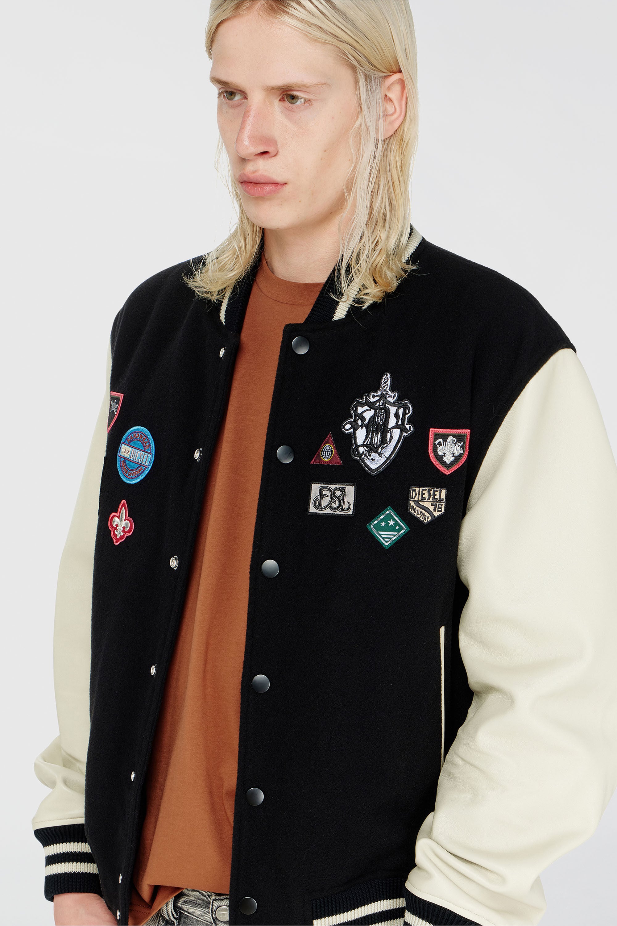 Diesel - L-ARRY-PATCH, Herren Bomberjacke aus Wolle und Leder mit Patches in Weiss/Schwarz - 6