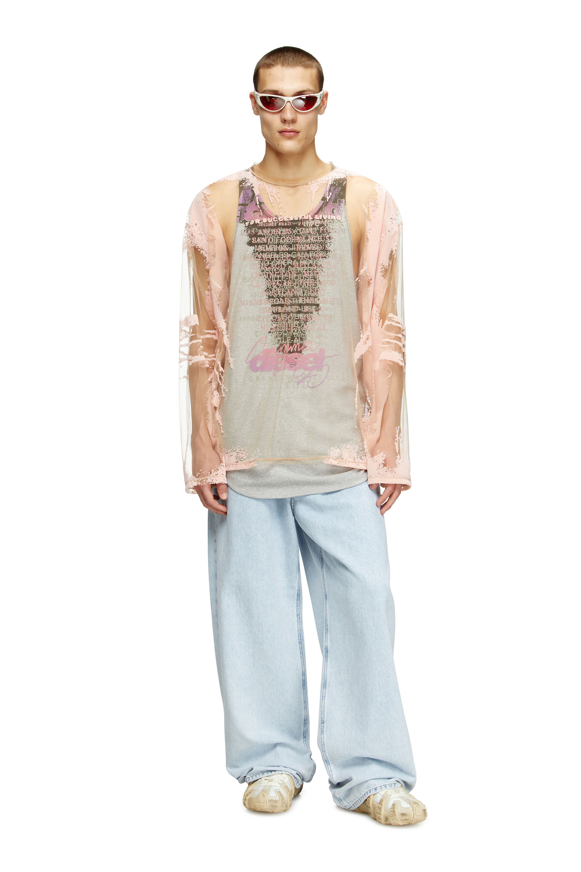 Diesel - T-HASSAN-LS-A, Unisex Langarm-T-Shirt aus Nylon mit Text-Print in Rosa - 1