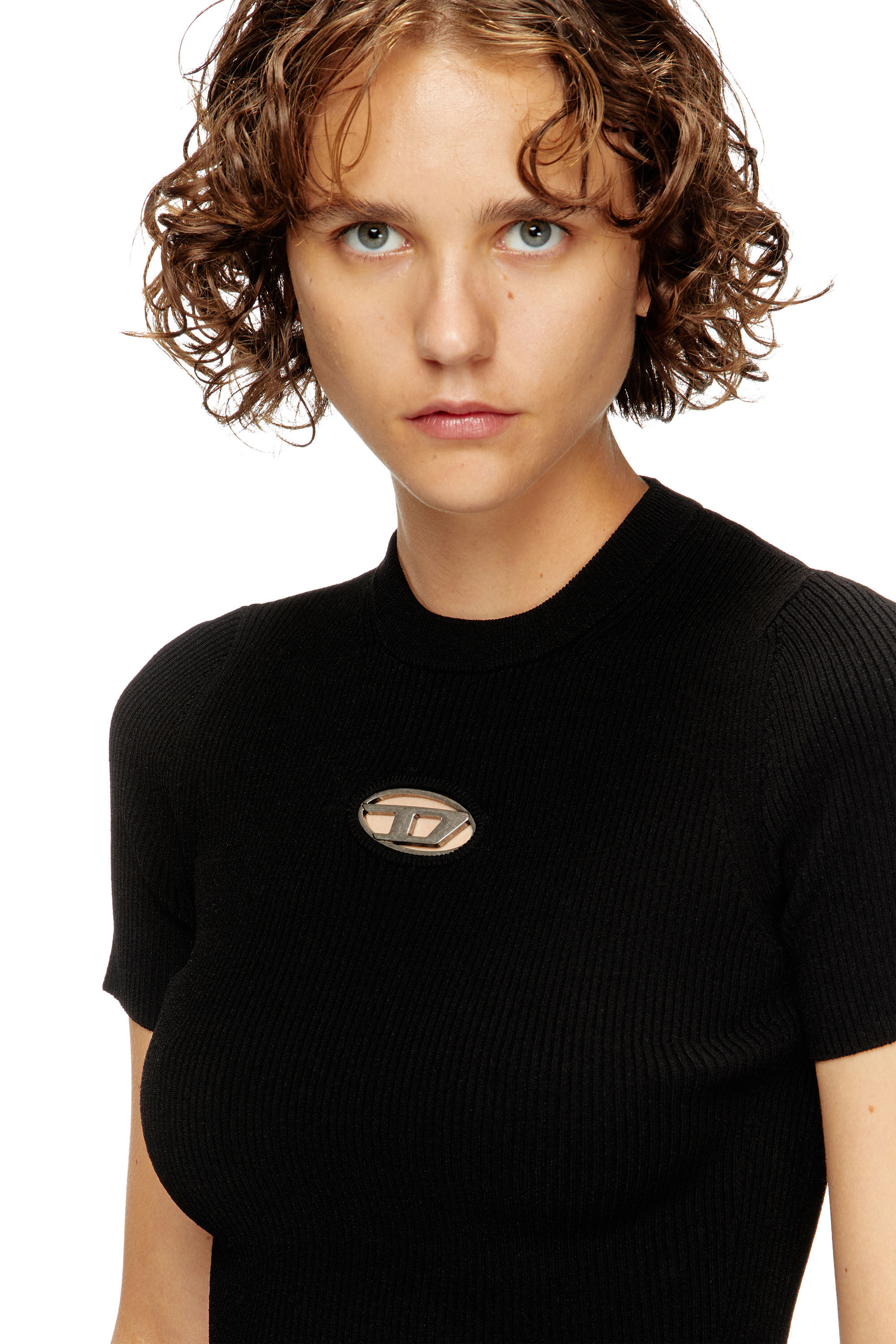 Diesel - M-VALARI-SS, Damen Kurzarm-Pullover mit Oval D aus Metall in Schwarz - 5