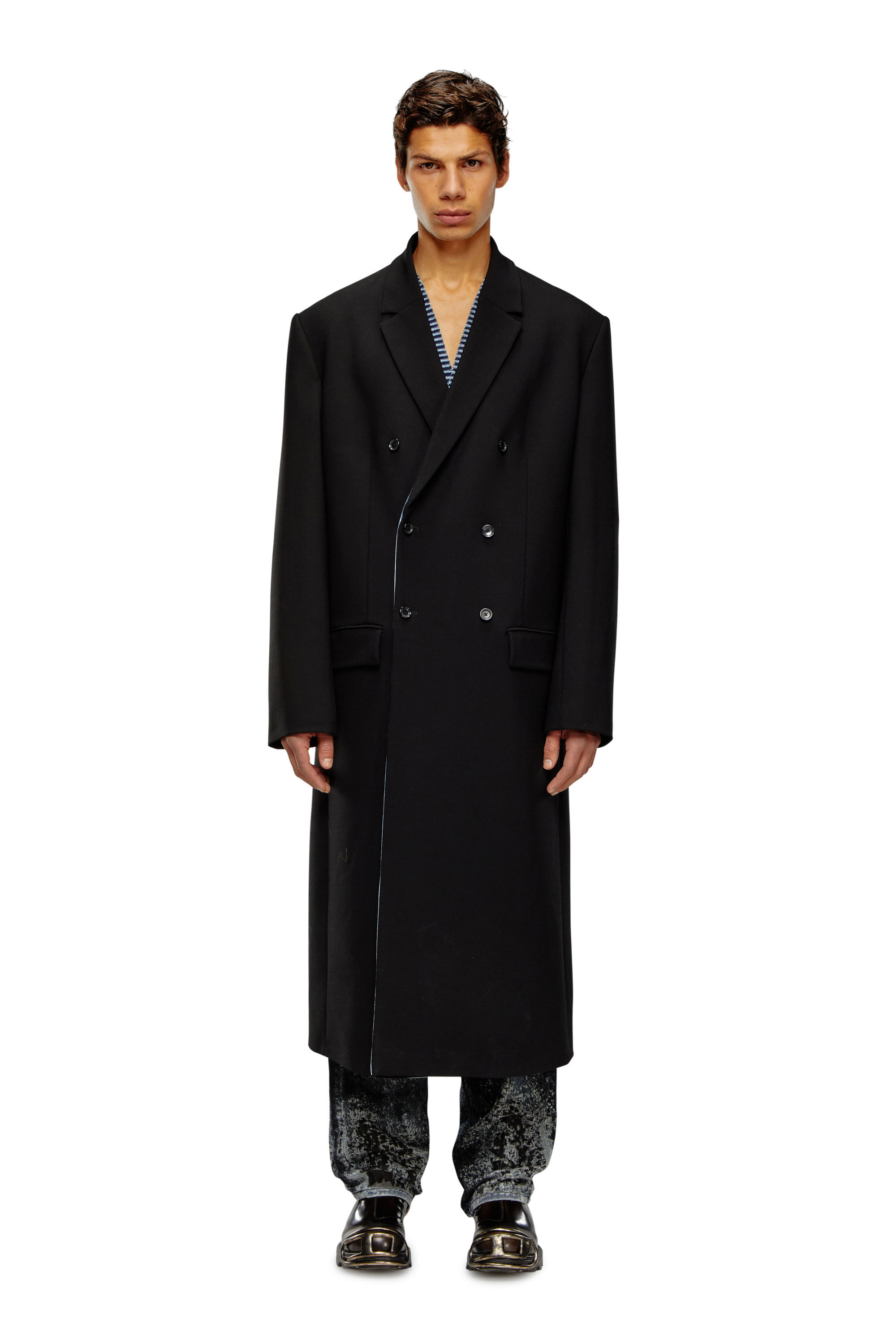 Herren Langer Mantel aus Cool Wool mit Denim-Details | Schwarz | Diesel
