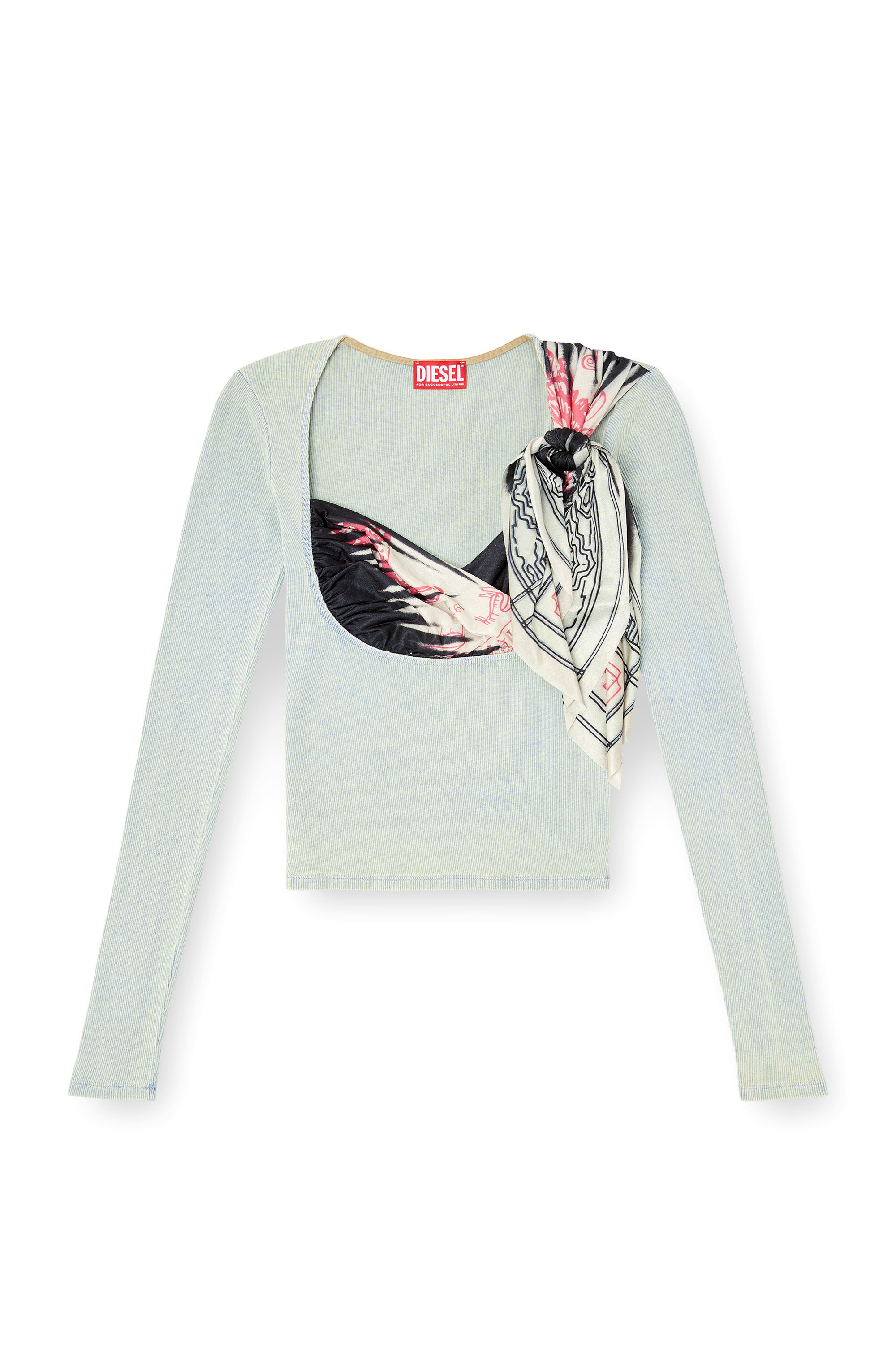 Diesel - T-LERYA, Damen Geripptes Oberteil mit drapierter Bandana-Brust in Blau/Weiss - 2