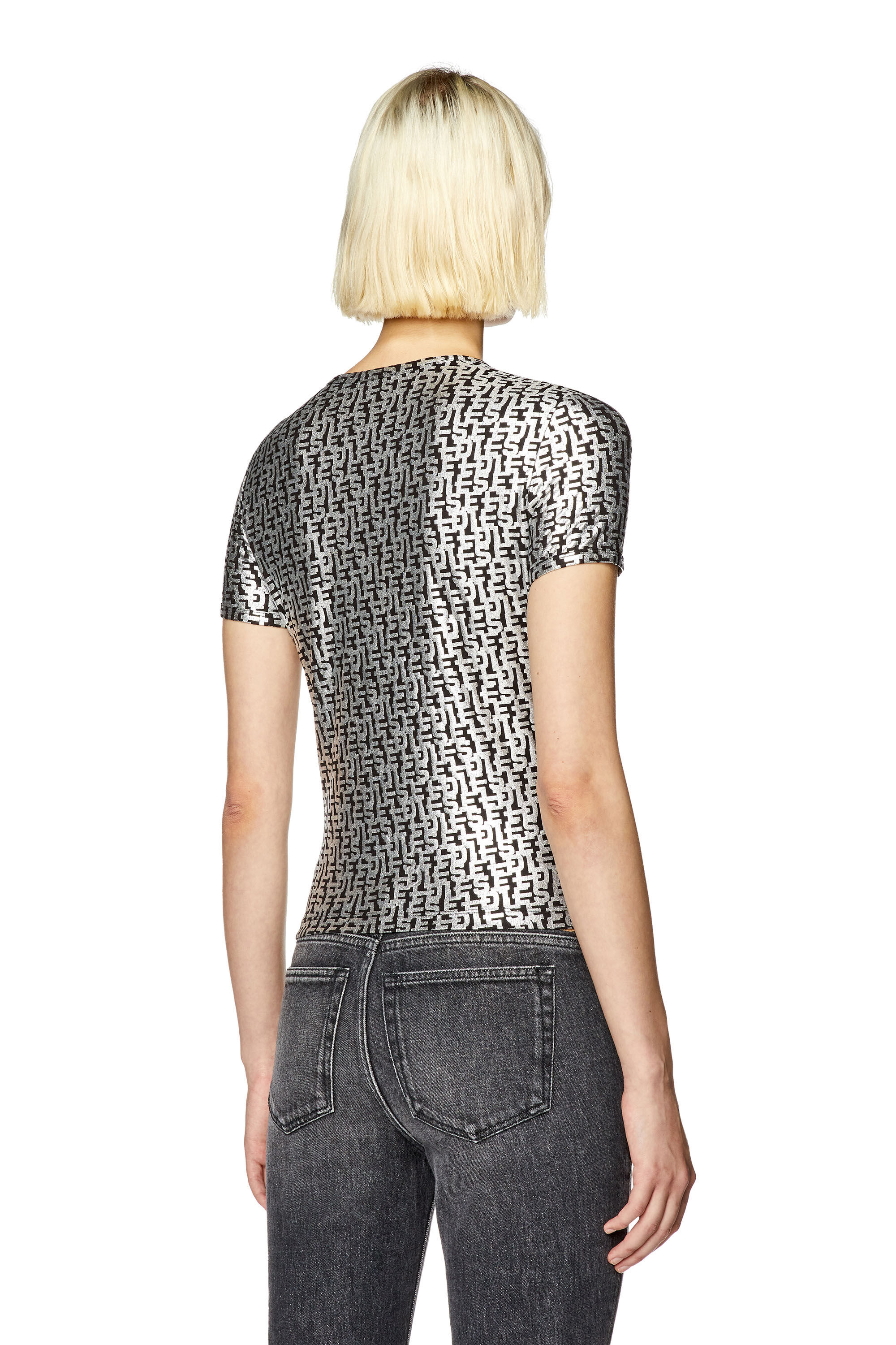 Diesel - T-UNCUTIE-LONG-L5, Damen T-Shirt mit Folien-Monogram-Print in Schwarz/Grau - 4