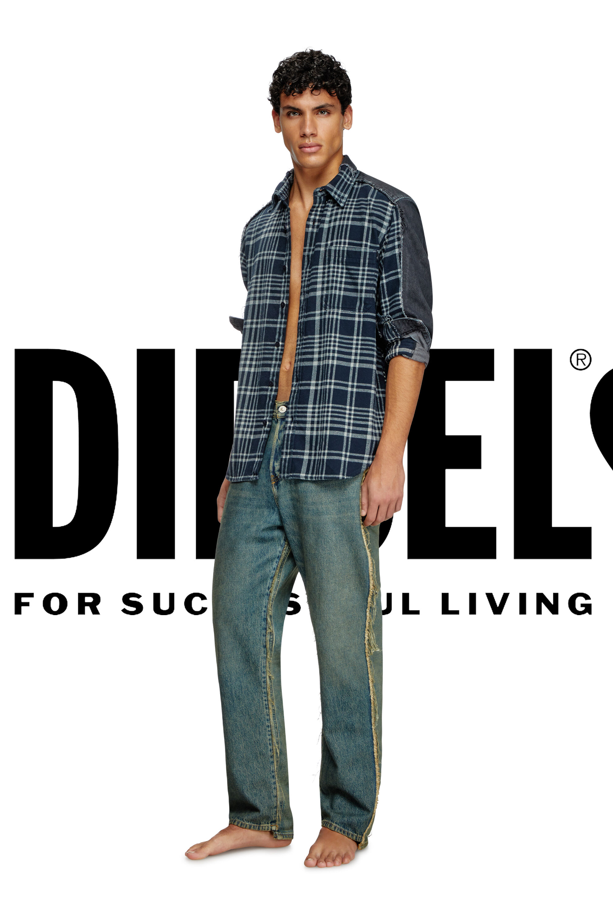 Diesel - Shirt Dieseloves 6B, Unisex Überfärbtes Karo- und Denim-Hemd in Blau/Schwarz - 1