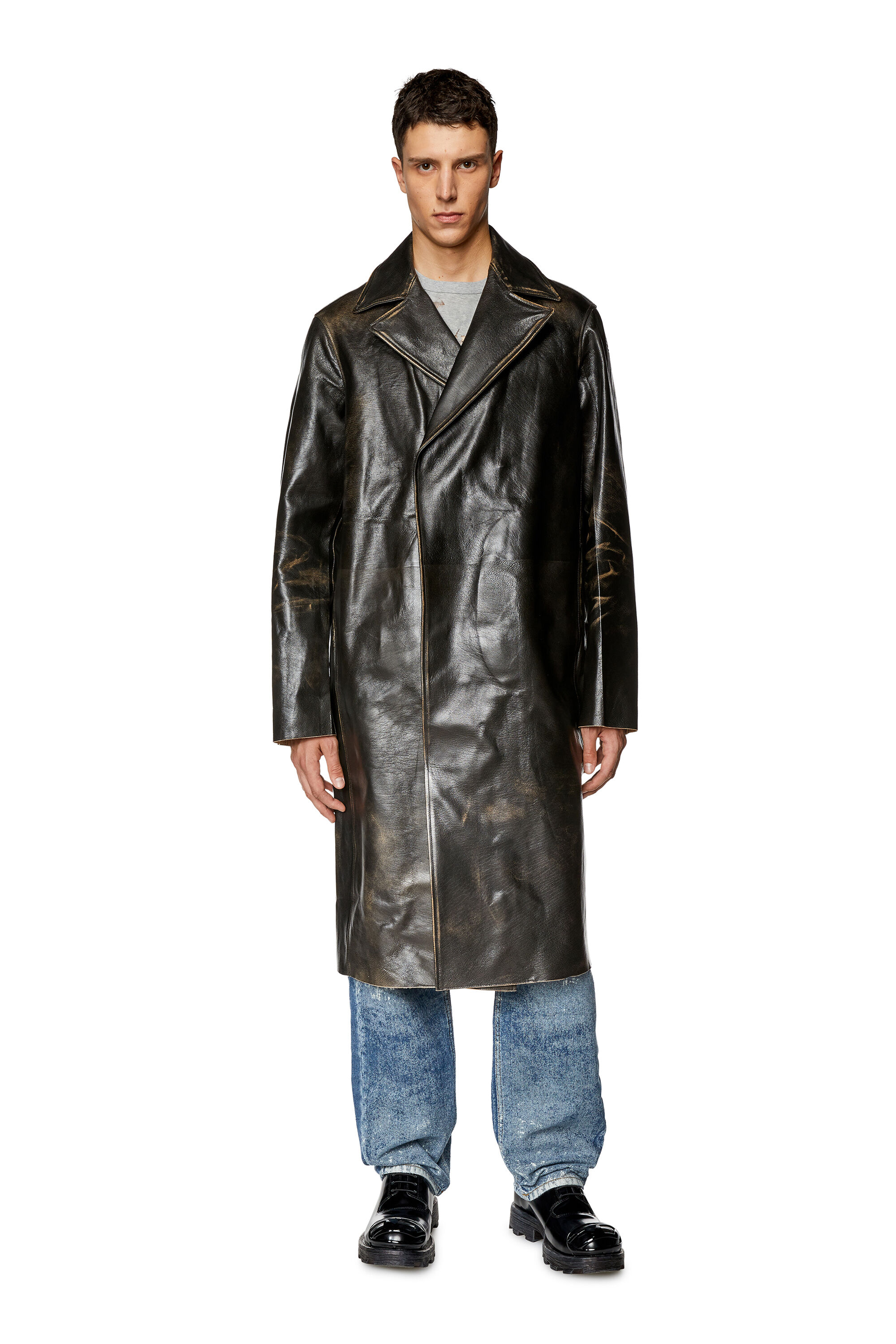 Men s Distressed leather trench coat L KAUFFMAN Diesel