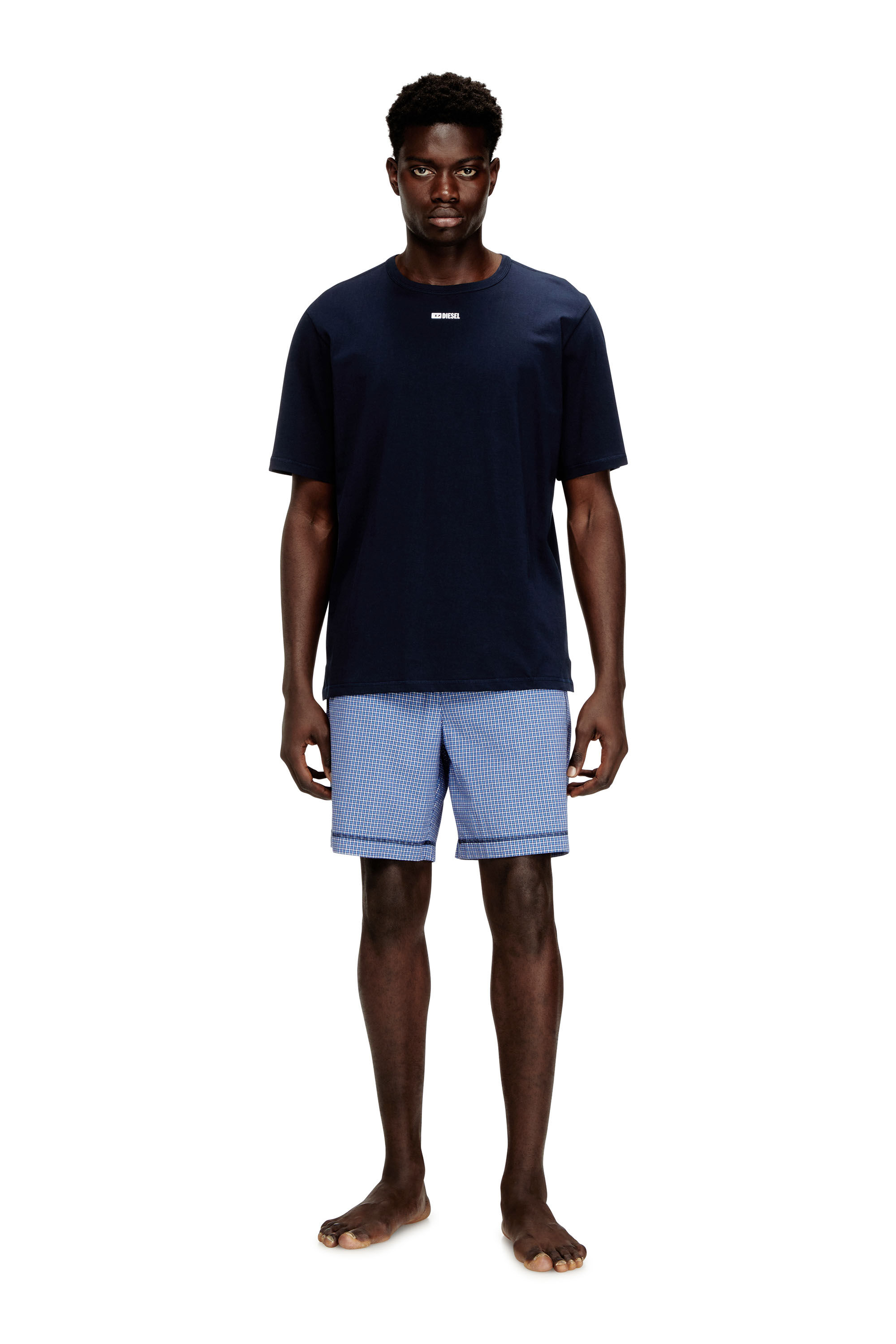 Diesel - KIT-RAUL-D-CORE, Herren Baumwoll-Pyjama-Set mit karierten Shorts in Blau - 1