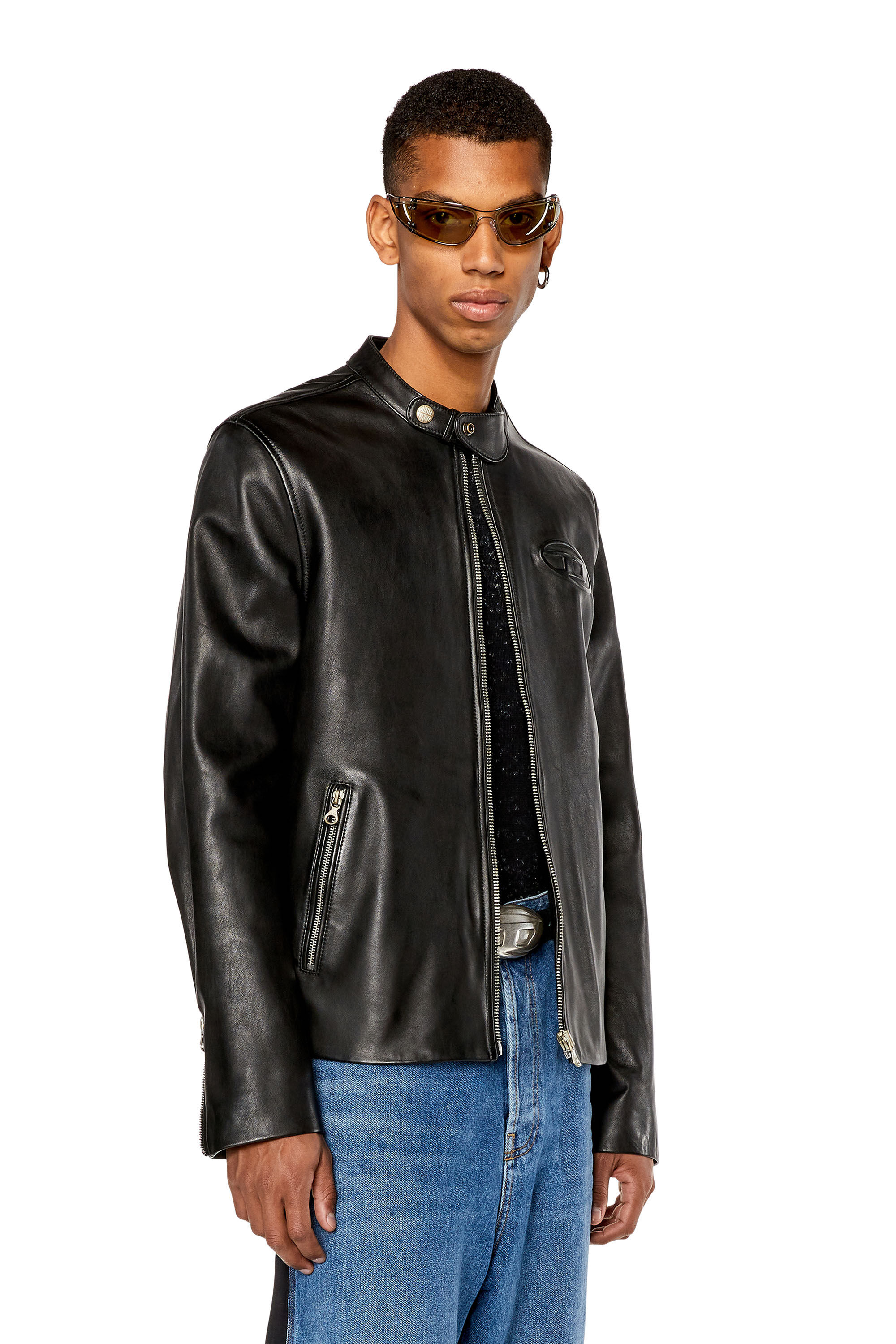 Herren Biker-Lederjacke mit Distressed-Logo | Schwarz | Diesel