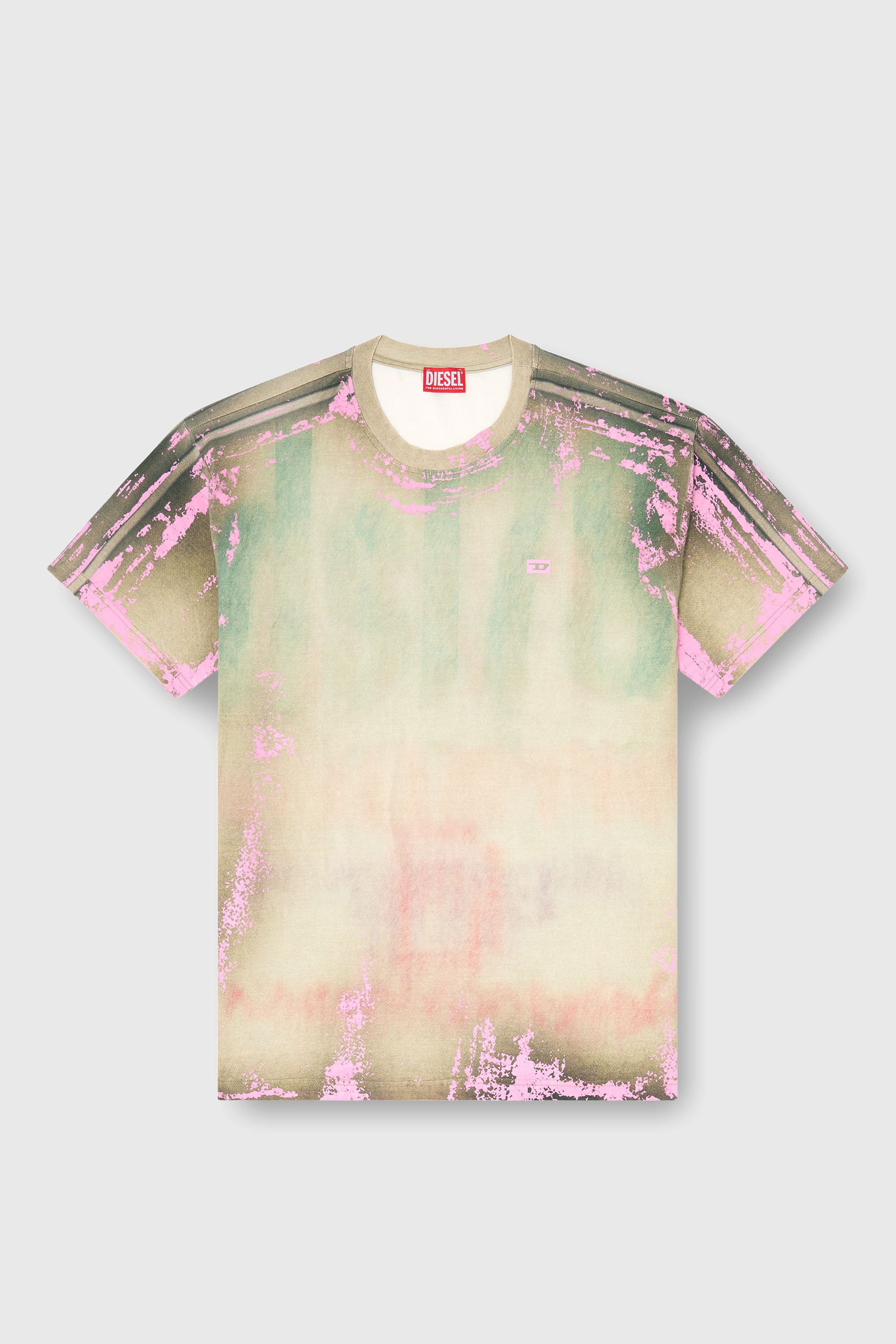 Diesel - T-FILMY-SHO, Herren T-Shirt aus Jersey mit Leder-Crack-Effekt in Rosa/Gr&uuml;n - 1