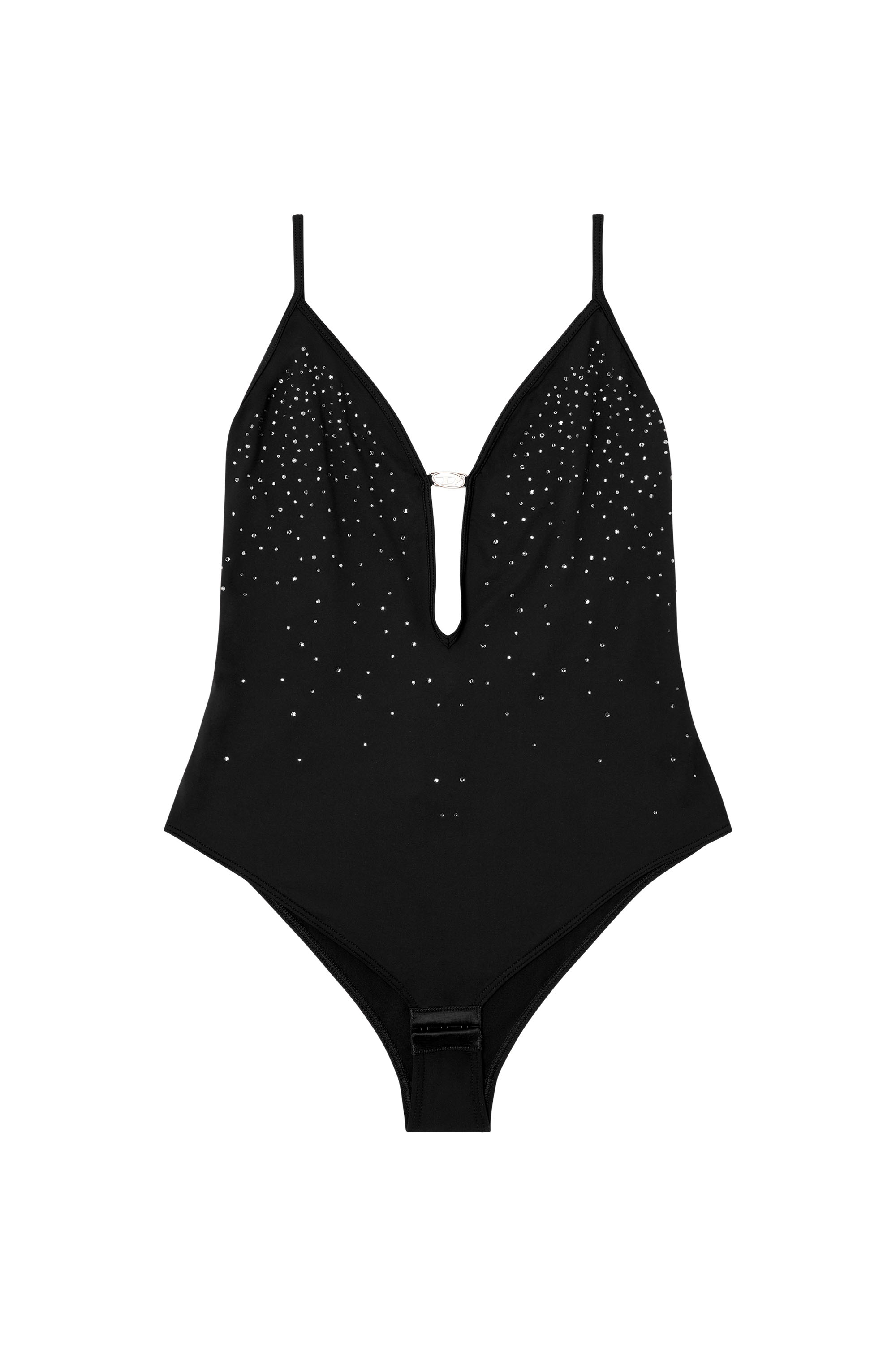 Diesel - UFBY-OVAL-D-BODYSUIT, Damen Bodysuit aus Mikrofaser mit Kristallen in Schwarz - 2