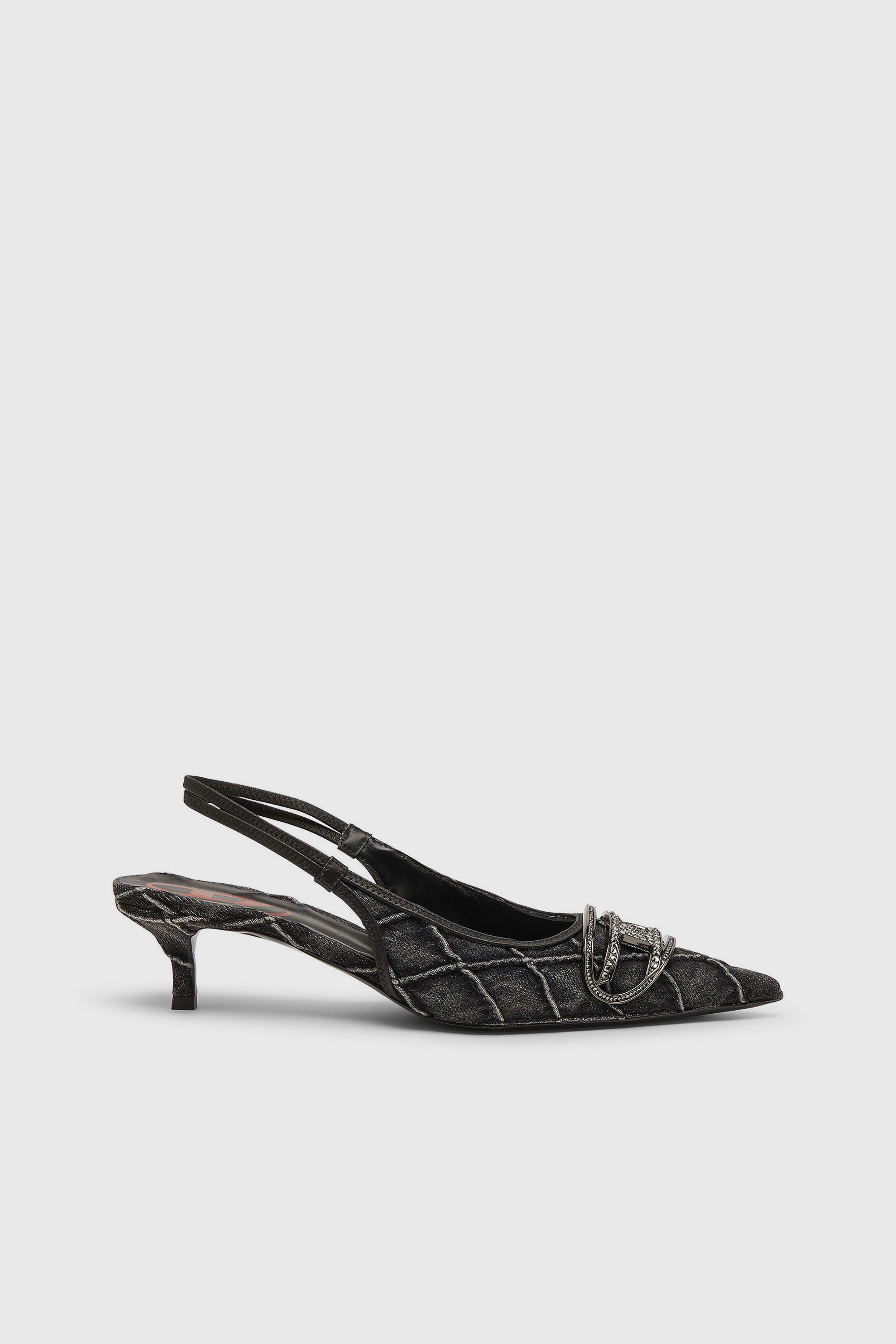 Diesel - D-VENUS SB 40, Damen D-Venus-Crystal-Logo Stepp-Denim-Slingback-Pumps in Schwarz - 1