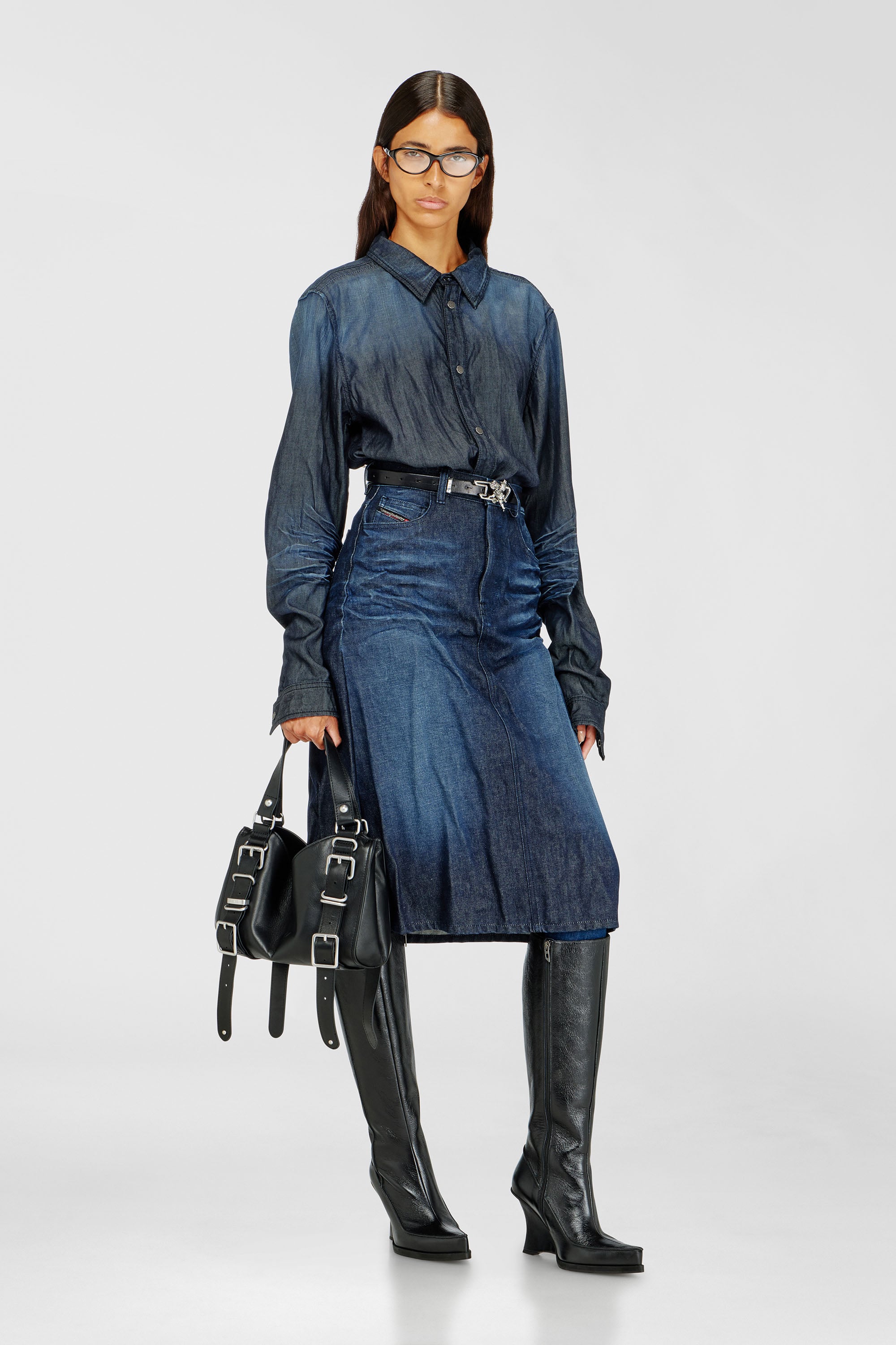 Diesel - DE-IRTI-FSJ, Damen Midirock aus geknittertem denim in Dunkelblau - 1