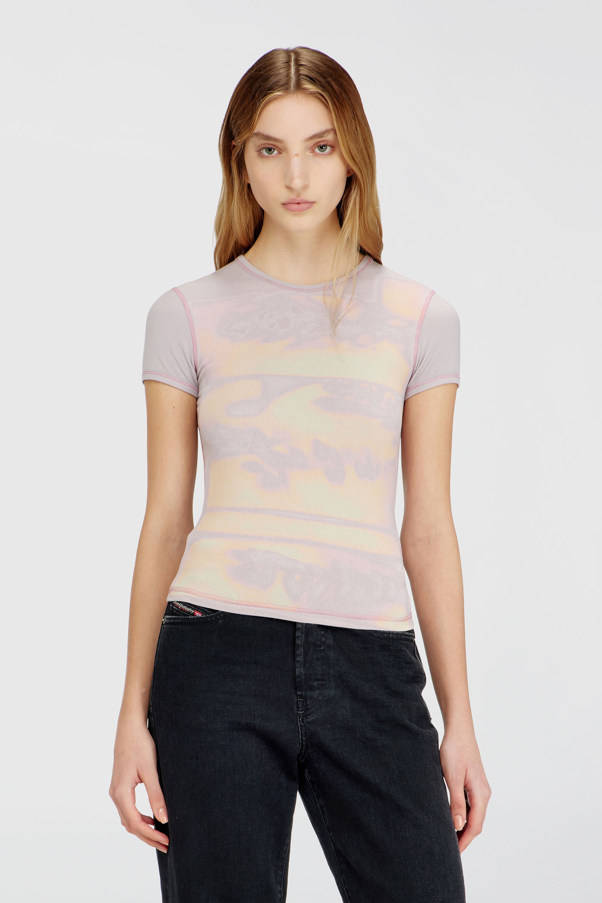 Diesel - T-ELE-LONG-AA1, Damen Schmal geschnittenes Jersey-Top mit Grafikdruck in Lila - 1