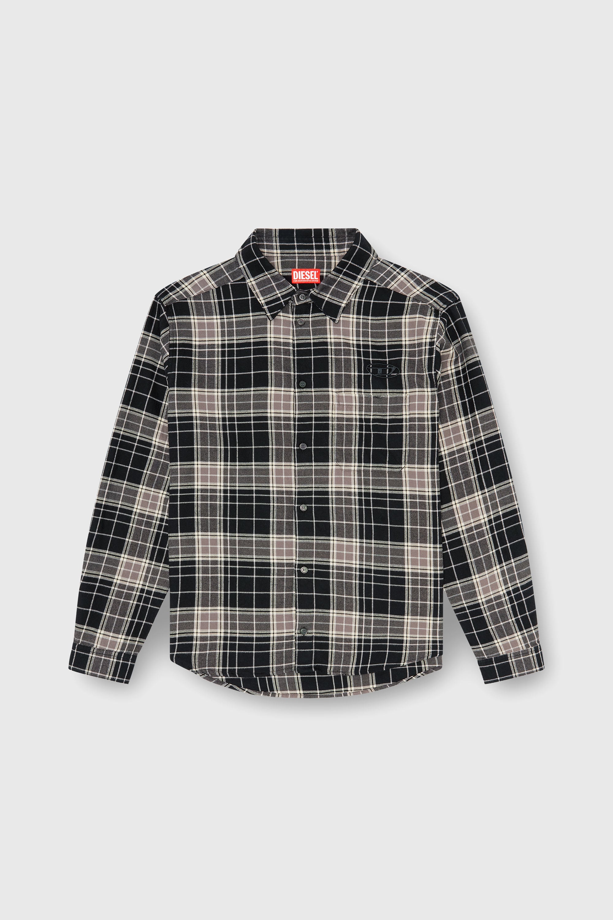 Diesel - S-SIMPLY-HNBI, Herren Hemd aus soprtlich karierter Flanell mit distressed look in Beige/Schwarz - 2