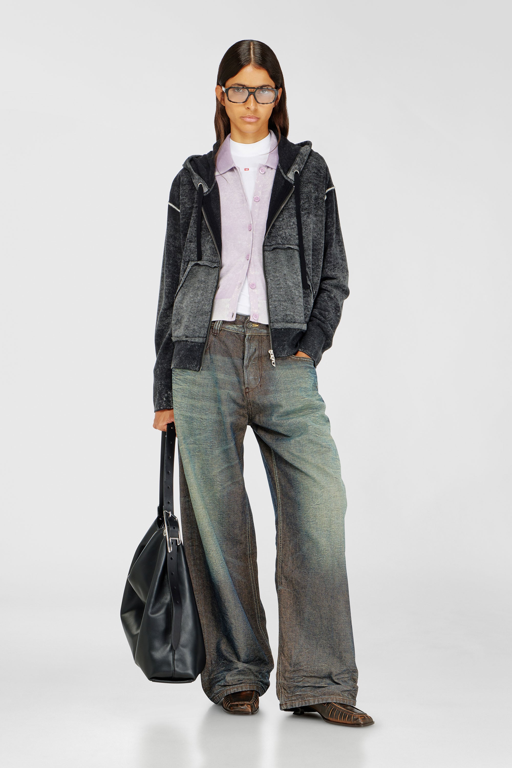 Diesel - M-HERMINE, Damen R&uuml;ckw&auml;rts bedruckte Kapuzenstrickjacke aus Wolle in Schwarz/Grau - 2