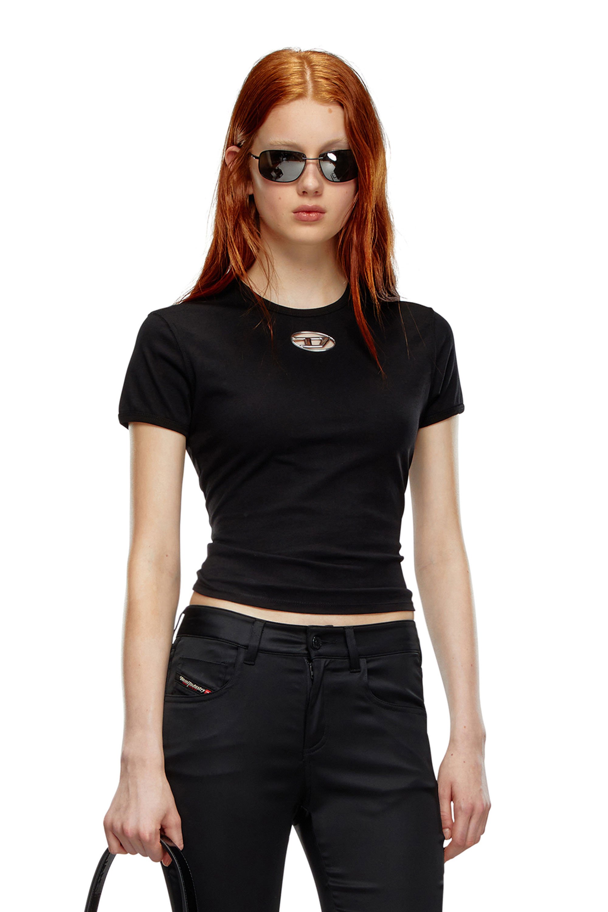 Diesel - T-UNCUTIE-LONG-OD, Damen T-Shirt mit eingespritztem Oval D in Schwarz - Image 1