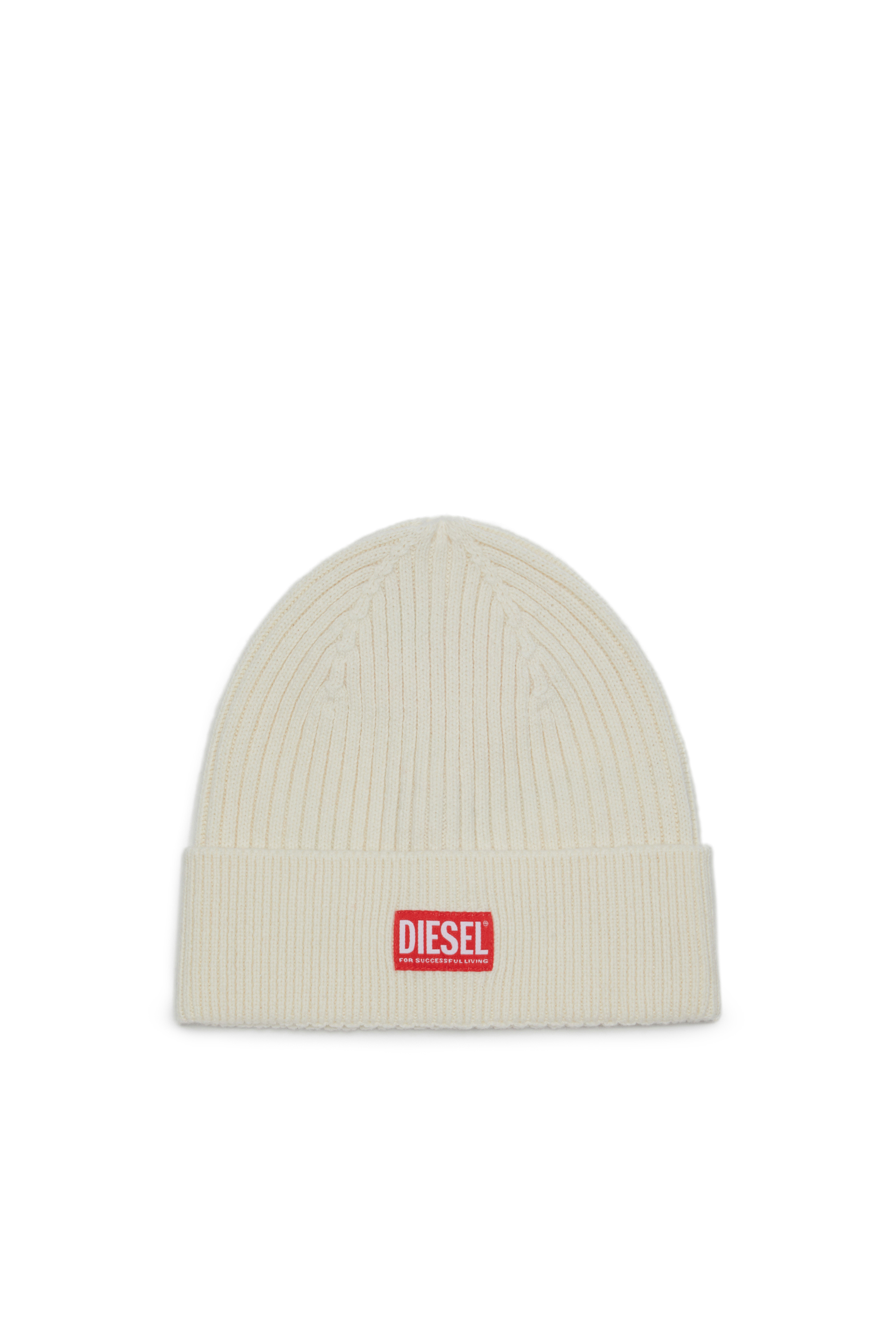 Diesel - K-CODER-H 2X2, Unisex Gerippte Beanie-Mütze mit Logo-Aufnäher in Weiß - 1
