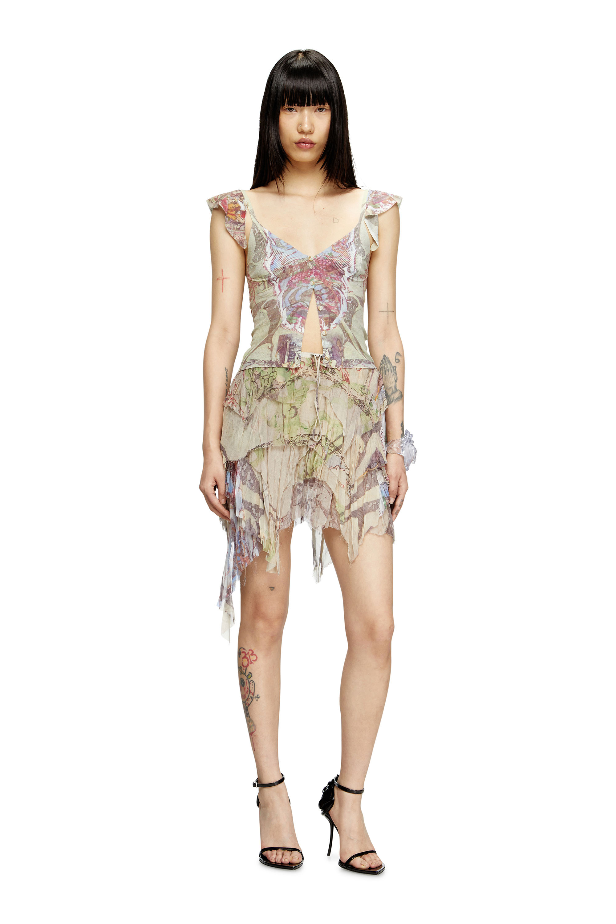 Diesel - M-FIORE, Damen Stricktop mit gerüschten Schultern und mittelalterlichem Print in Beige - 1