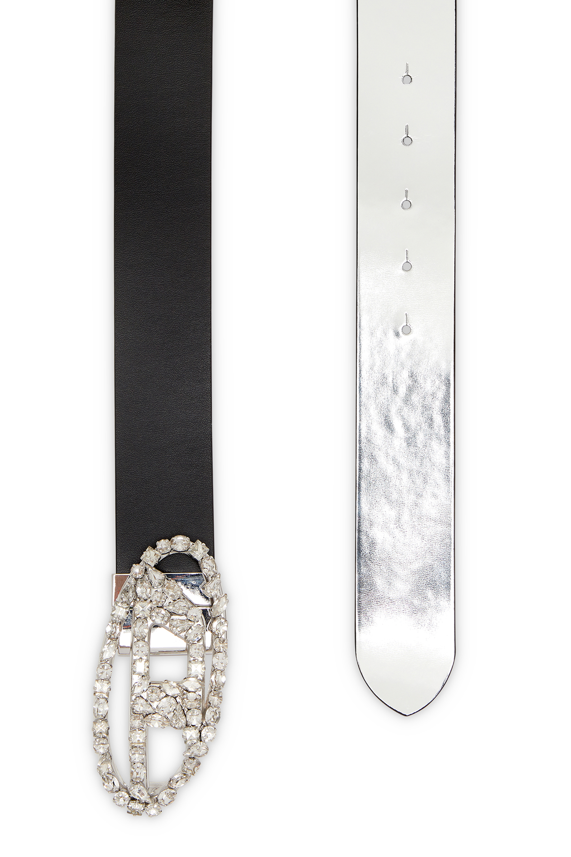 Diesel - B-1DR W REV, Damen 4cm Wendbarer Gürtel aus Leder mit Kristallschnalle in Schwarz - 2