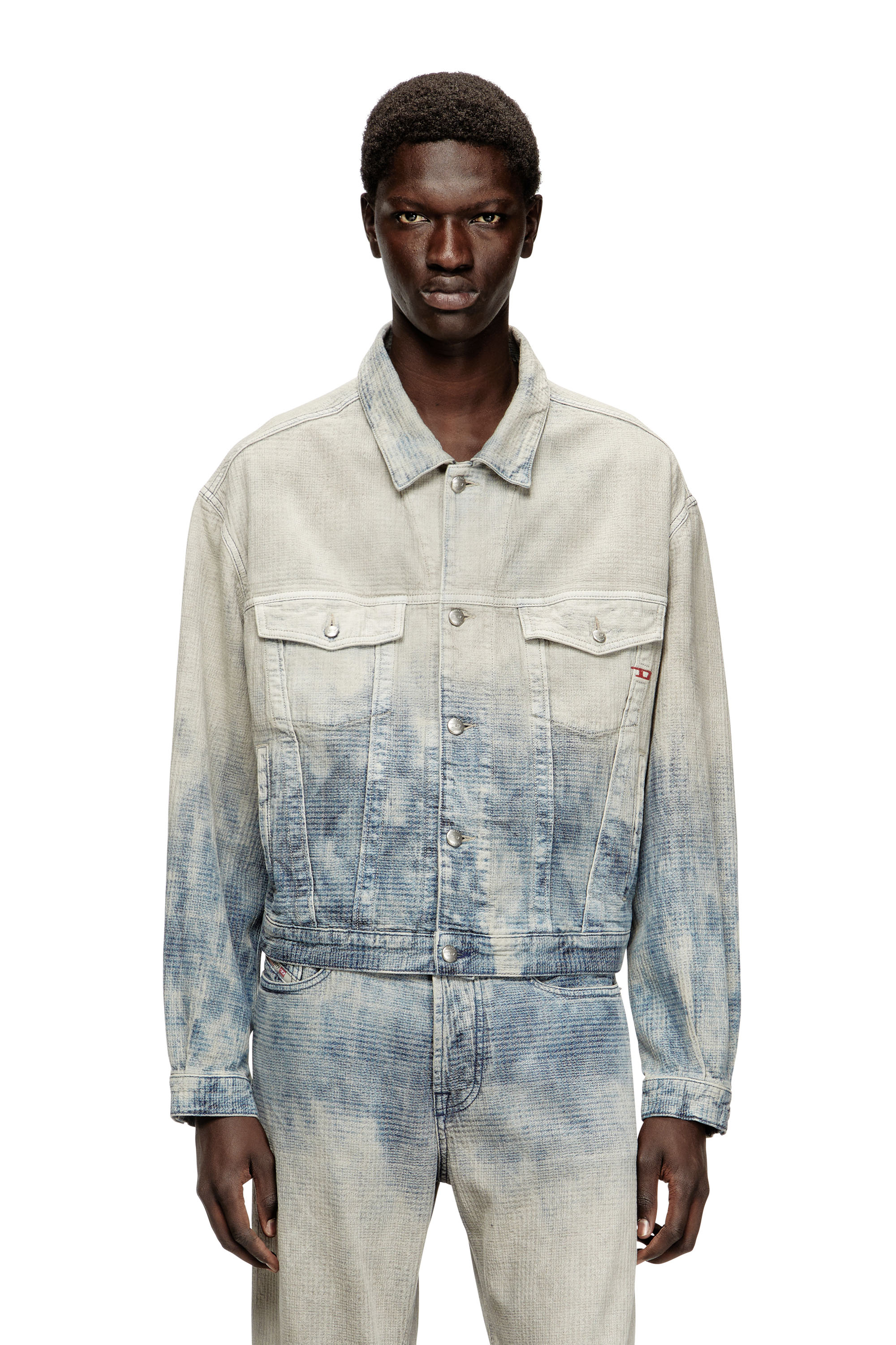 Diesel - D-RANGER, Unisex Trucker-Jacke aus Prince-of-Wales-Jacquard-Denim in Grau/Blau - 1