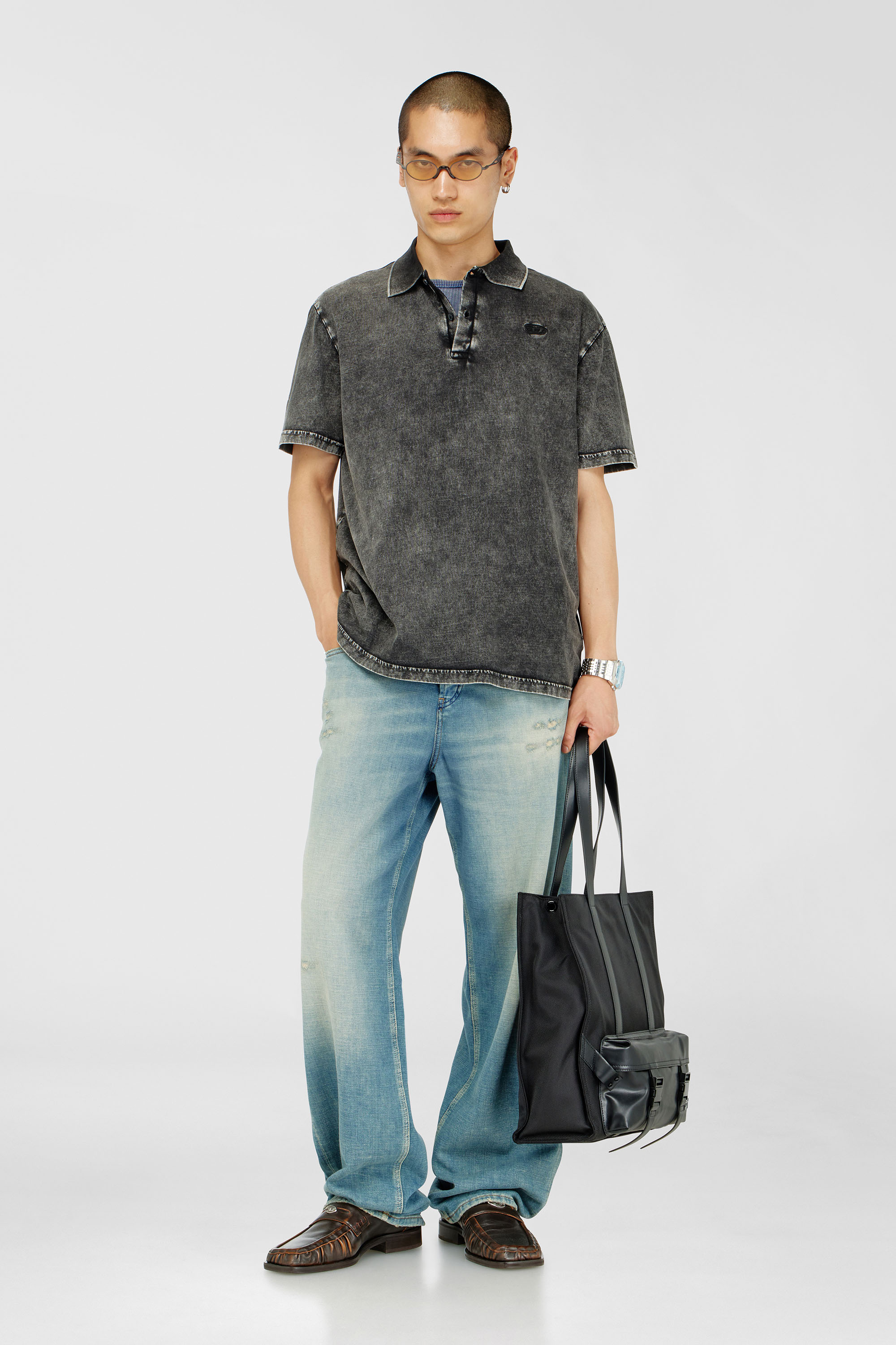 Diesel - T-REJUST-NC-DEN, Herren Polohemd aus Jersey mit Denim-Effekt in Dunkelgrau - 1