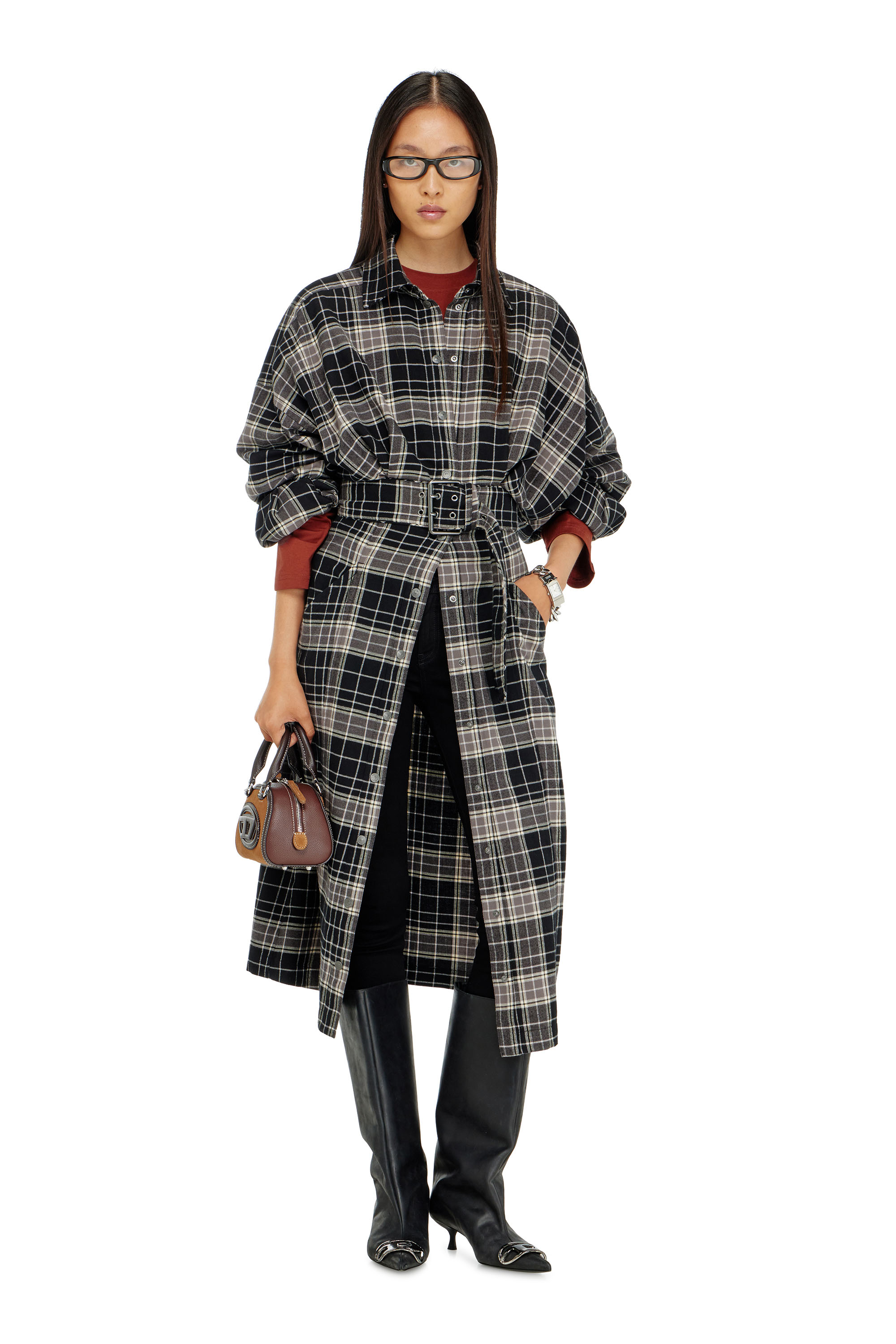 Diesel - D-EDALUS, Damen Midikleid aus kariertem Flanell mit breitem G&uuml;rtel in Grau/Schwarz - 2