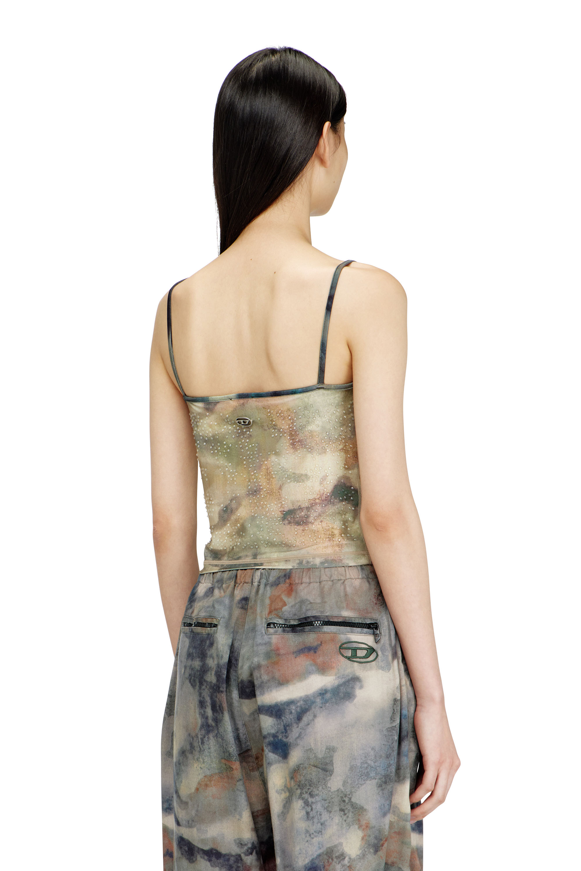 Diesel - T-IPLU, Damen Skinny-Top aus Nylon mit Allover-Camouflage und Kristalldetails in Gr&uuml;n - 4