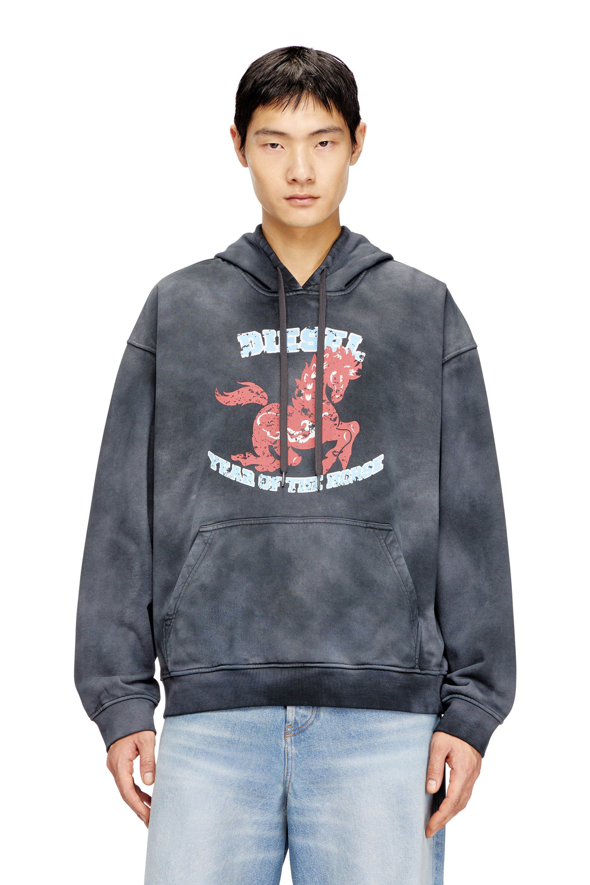 Diesel - CL-S-BOXT-HOOD-HORSE, Herren Tie-Dye-Hoodie mit Pferde-Print in Grau - 1