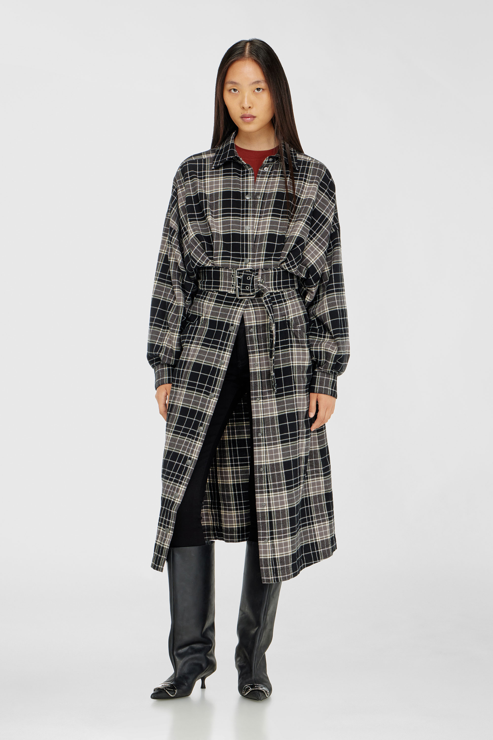 Diesel - D-EDALUS, Damen Midikleid aus kariertem Flanell mit breitem G&uuml;rtel in Grau/Schwarz - 1